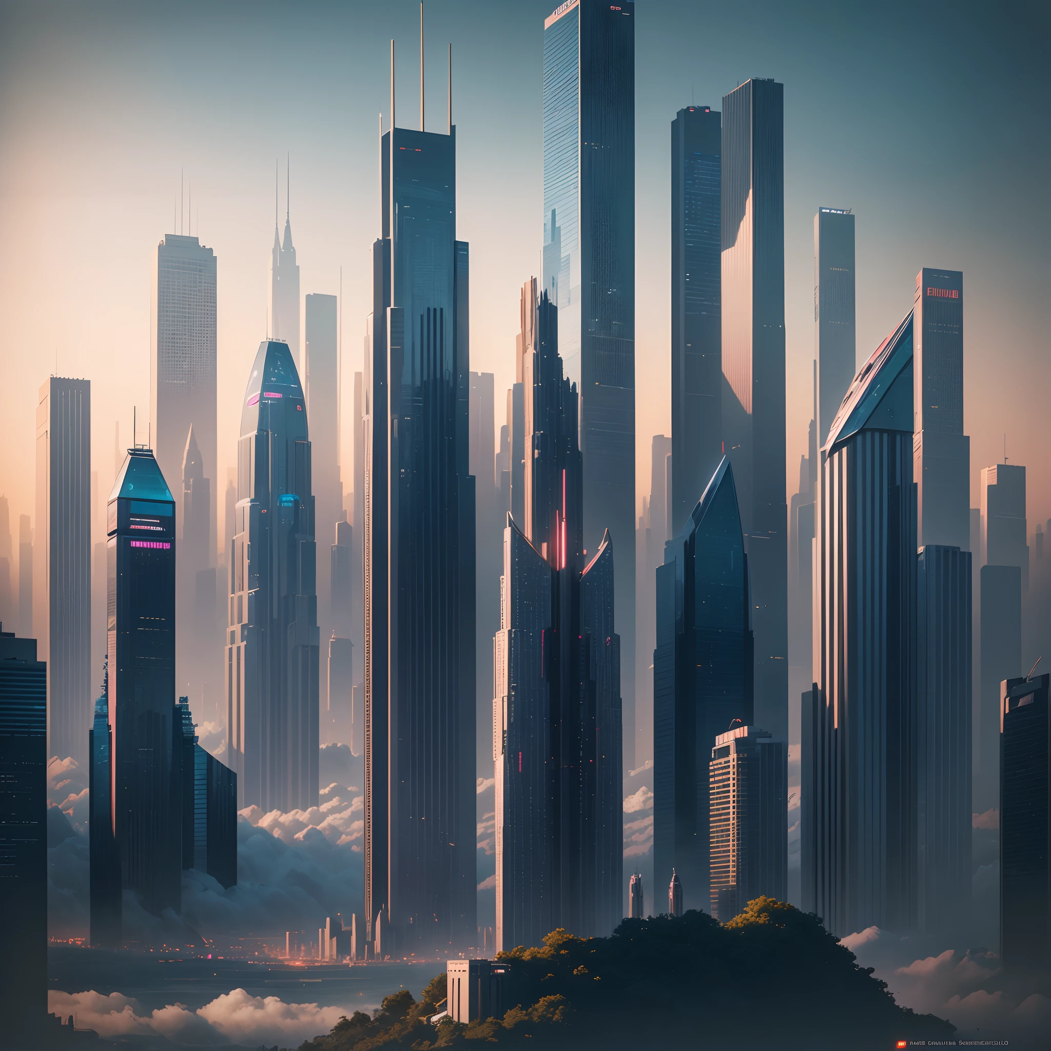 Best Quality, 8K, Ultra-detailed:1.2), Futuristic skyline of towering skyscrapers, Cyberpunk, Sci-Fi Art, planet earth, A futuristic world, masutepiece, Glass skyscraper, Imaginative, 20 times taller buildings, Vivid colors, Dramatic Lighting