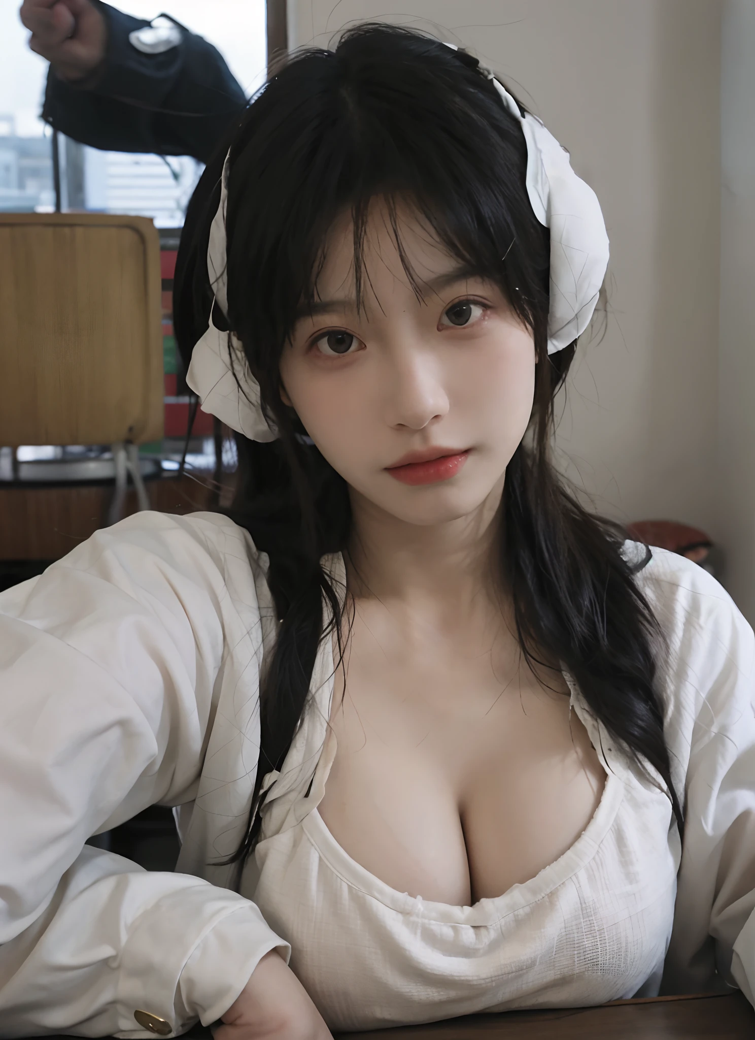 best qualtiy, 超高分辨率, (realisticlying:1.4), one-girl, A pair of clear and moving eyes,Royal Sister,Snow-white school uniform, (big cleavage breasts:1.2), looking at viewert, closeup cleavage ,