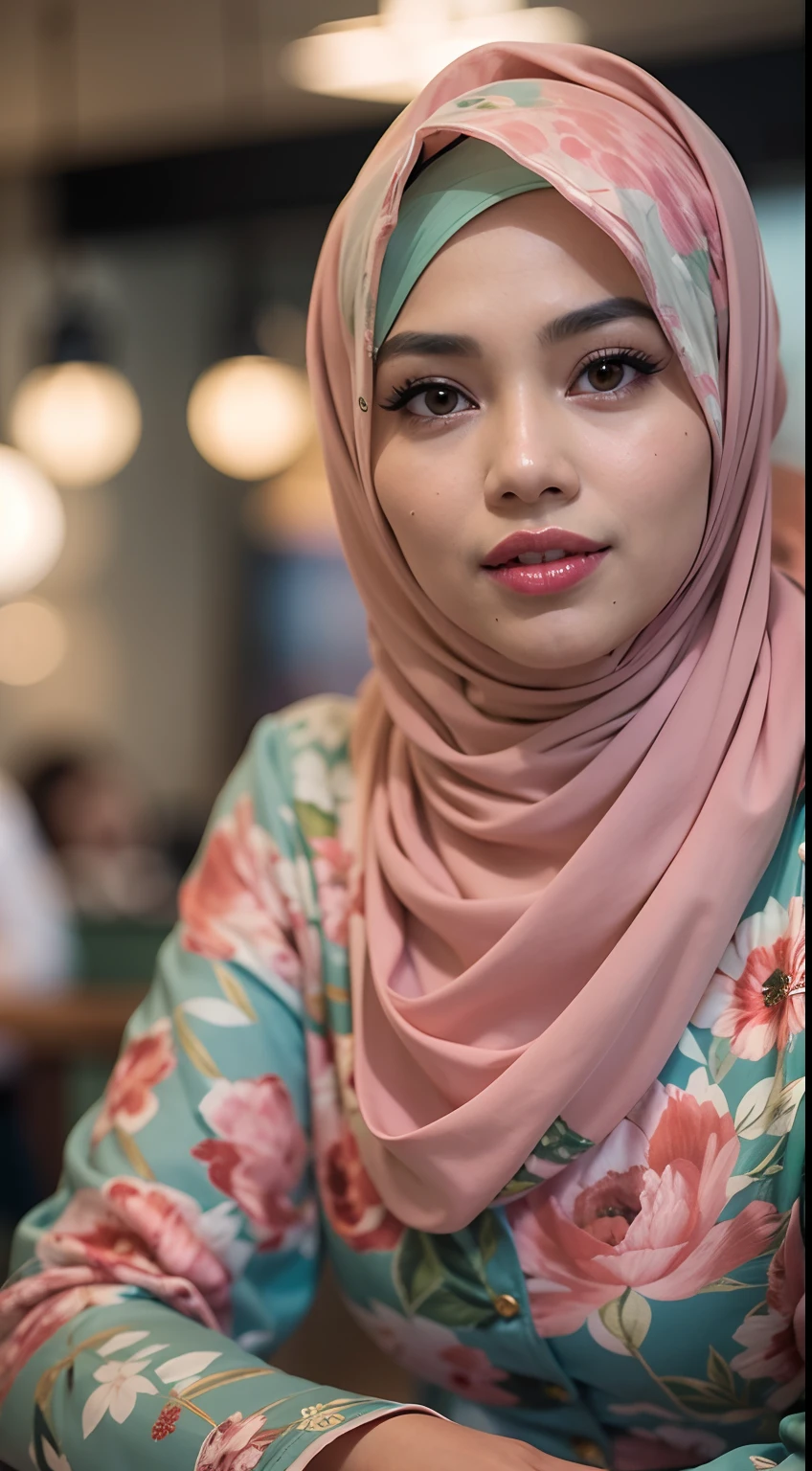 A photo of a young, nerdy malay woman in hijab sitting in a starbuck cafe with 1 malay men in office suit standing behind, woman wearing pastel floral pattern baju kurung, surrounded by a cozy atmosphere, cool ambient, looking at the viewer. (Detail skin:1.3), haired hand,
Hijab, slender, red lips,  flirting with the camera