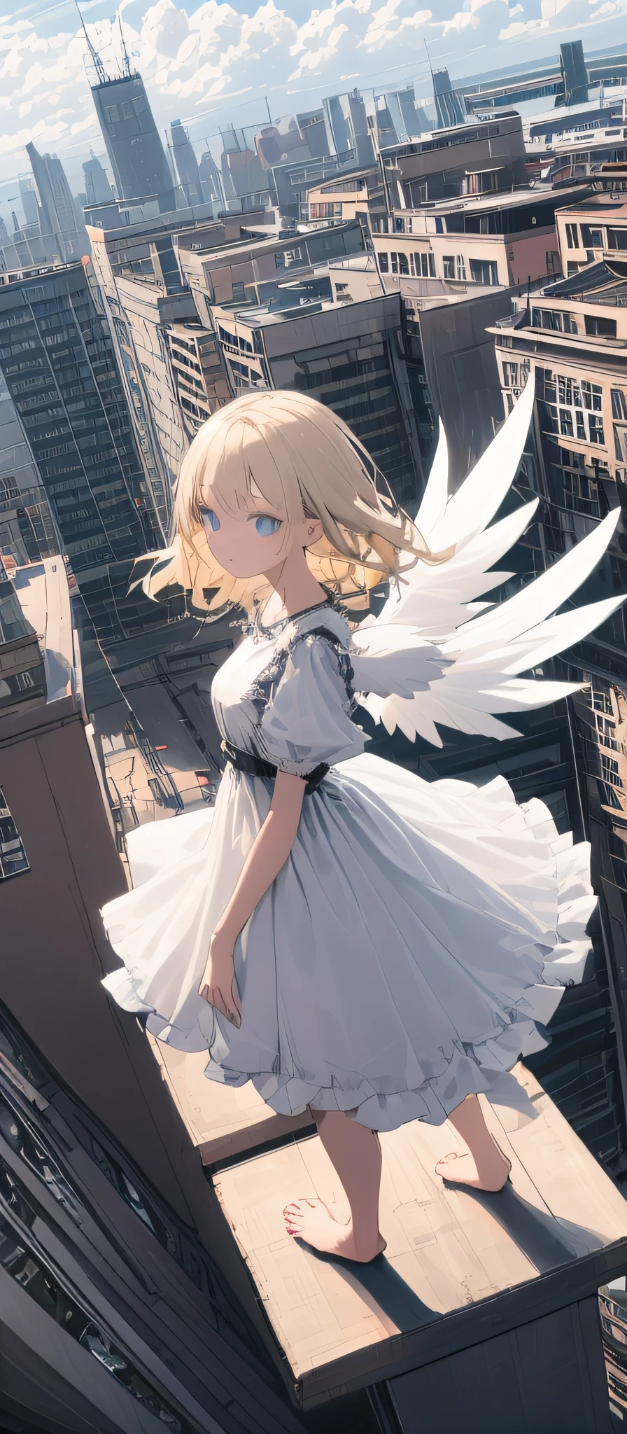 (masterpiece, best quality),from above , 1girl, solo, (feathered wings:1.2), billboard, blue eyes, blonde hair, building, city, cloudy sky, white dress, barefoot, crane \(machine\), dutch angle, from side, light frown, looking at viewer, outdoors, rooftop, sky, skyscraper