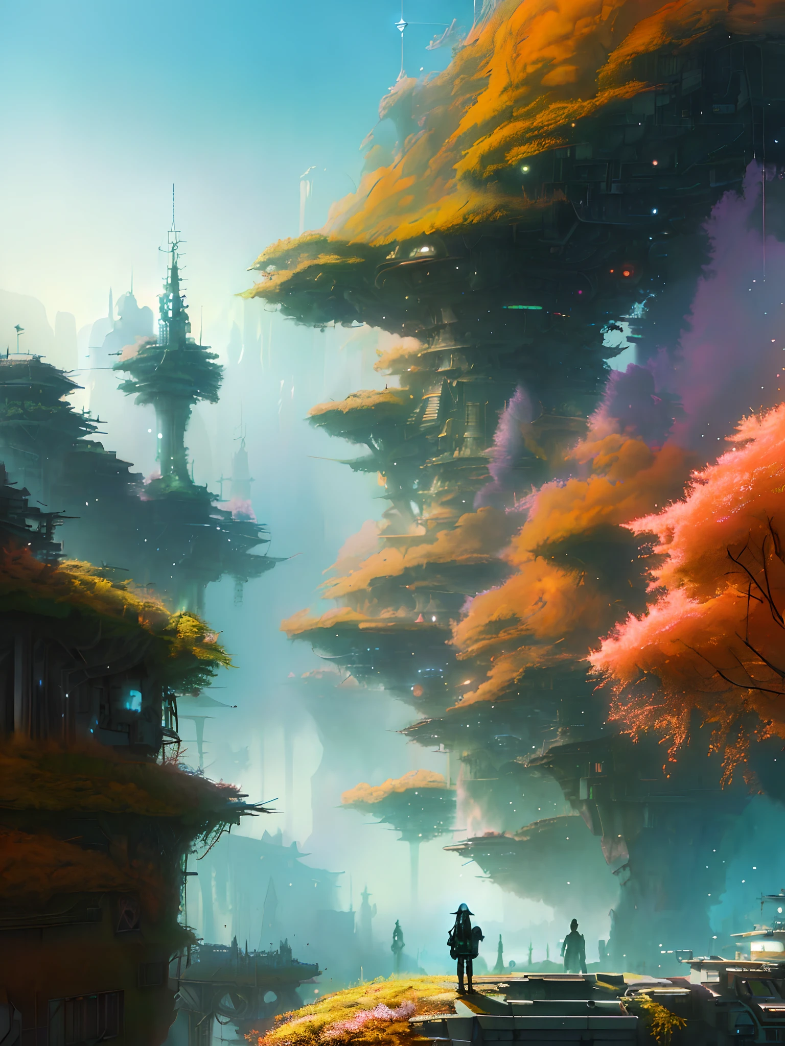anime scenery of a girl standing on a bridge in a fantasy world, paul lehr and beeple, andreas rocha style, concept art wallpaper 4k, bastien grivet, inspired by Paul Lehr, cyberpunk in foliage, futuristic landscape, sci-fi fantasy wallpaper, ross tran. scenic background, cyberpunk forest, arstation and beeple highly