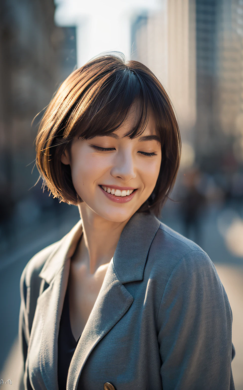 (8K, Best Quality, Masterpiece: 1.2), (Realistic, Photorealistic: 1.2), Cute, Solo, Beautiful Definition Sky, Night, Wet, Watching Viewer, (Sit: 1.5), Date, Future, (Nose Brush), (Smile: 1.15), (Mouth Closed) Small breasts, fine beautiful eyes,), (Dark blonde: 1), (Short hair: 1.1), Floating hair NovaFrog style, gray blazer, button T-shirt, black miniskirt, makeup, (8k, RAW photo: 1.2),
