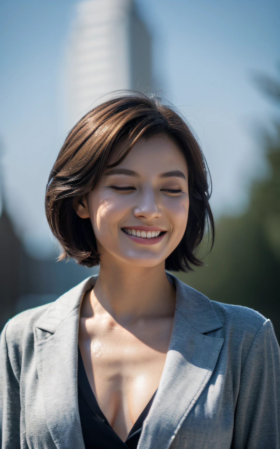 (8K, Best Quality, Masterpiece: 1.2), (Realistic, Photorealistic: 1.2), Cute, Solo, Beautiful Definition Sky, Night, Wet, Watching Viewer, (Sit: 1.5), Date, Future, (Nose Brush), (Smile: 1.15), (Mouth Closed) Small breasts, fine beautiful eyes,), (Dark blonde: 1), (Short hair: 1.1), Floating hair NovaFrog style, gray blazer, button T-shirt, black miniskirt, makeup, (8k, RAW photo: 1.2),