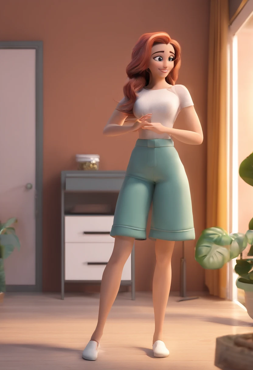 Garota parda de cabelo, cacheado, de quadris largos, Grocery legs, roupa de bailarina, olhos amendoados, boca carnuda e pequena, rosto fino, magra, sobrancelhas arqueadas, seios pequenos de camisata cinza, sorrindo olhando para cima, Arms raised in front of a container house, em um dia ensolarado, With nature around in the style of Pixar animations.