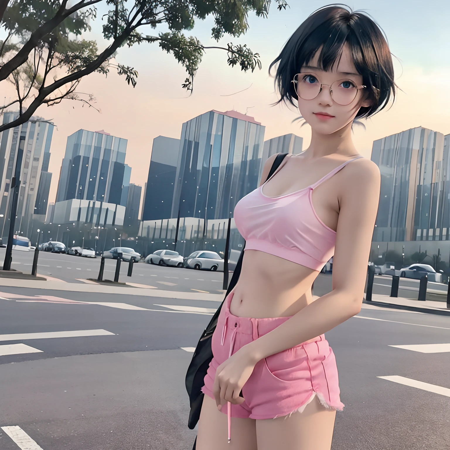 cute girl with black short bob hair and bangs, she is in eyeglasses, pink-strapped transparent camisole, no bra, pink shorts, petite body, seen through, her skin bright, beautiful blue eyes, outdoor, she's doing selfie, 8k detailed high quality, nsfw, semi-realistic