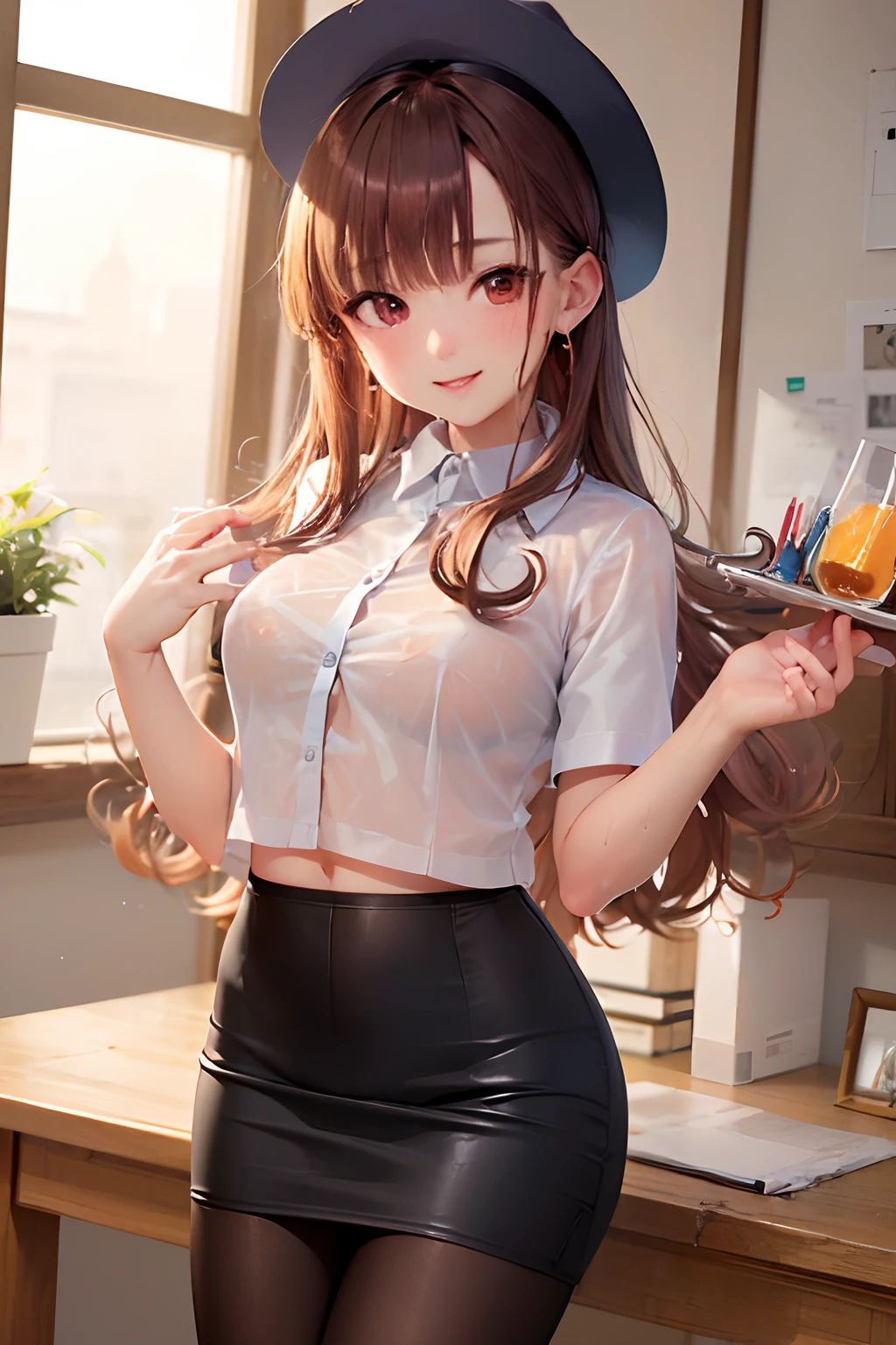 (masterpiece、top-quality:1.2)、Cowboy Shots、独奏、女の子 1 人、Alena \(DQ4\)、A smile、looking at viewert、((Office Suits))、((pantyhose))、((Black miniskirt))、((pencil skirts))、((Holding a skirt))、((Show underwear))、((whole body Dripping wet))