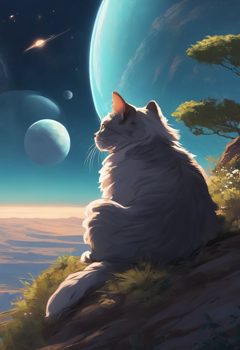 anime cat sitting on the ground looking at the planet, space cowboy, cyber space cowboy, inspired by Josan Gonzalez, makoto shinkai ( apex legends ), akira artstyle, ross tran style, akira vibes, akira art style, floating beside planets, josan gonzales, sci - fi art!!!!!!!, josan gonzales!!!, in space, modern sci-fi anime