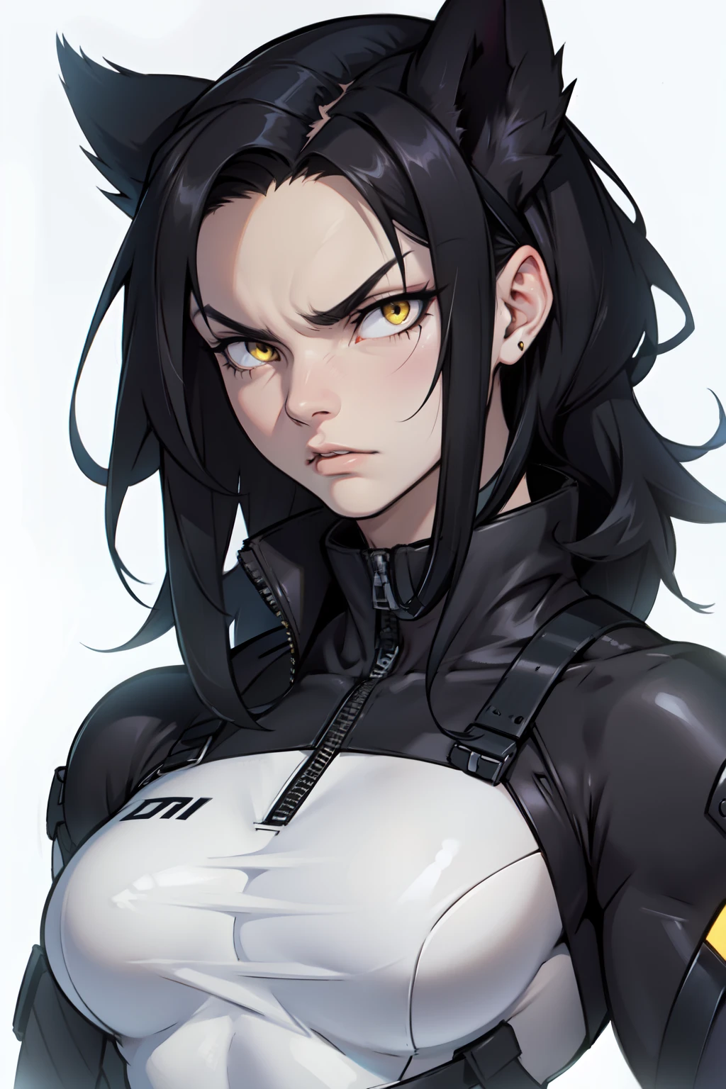 empty eyes embarrassed empty eyes embarrassed black hair yellow eyes pale skin muscular girl massive breasts