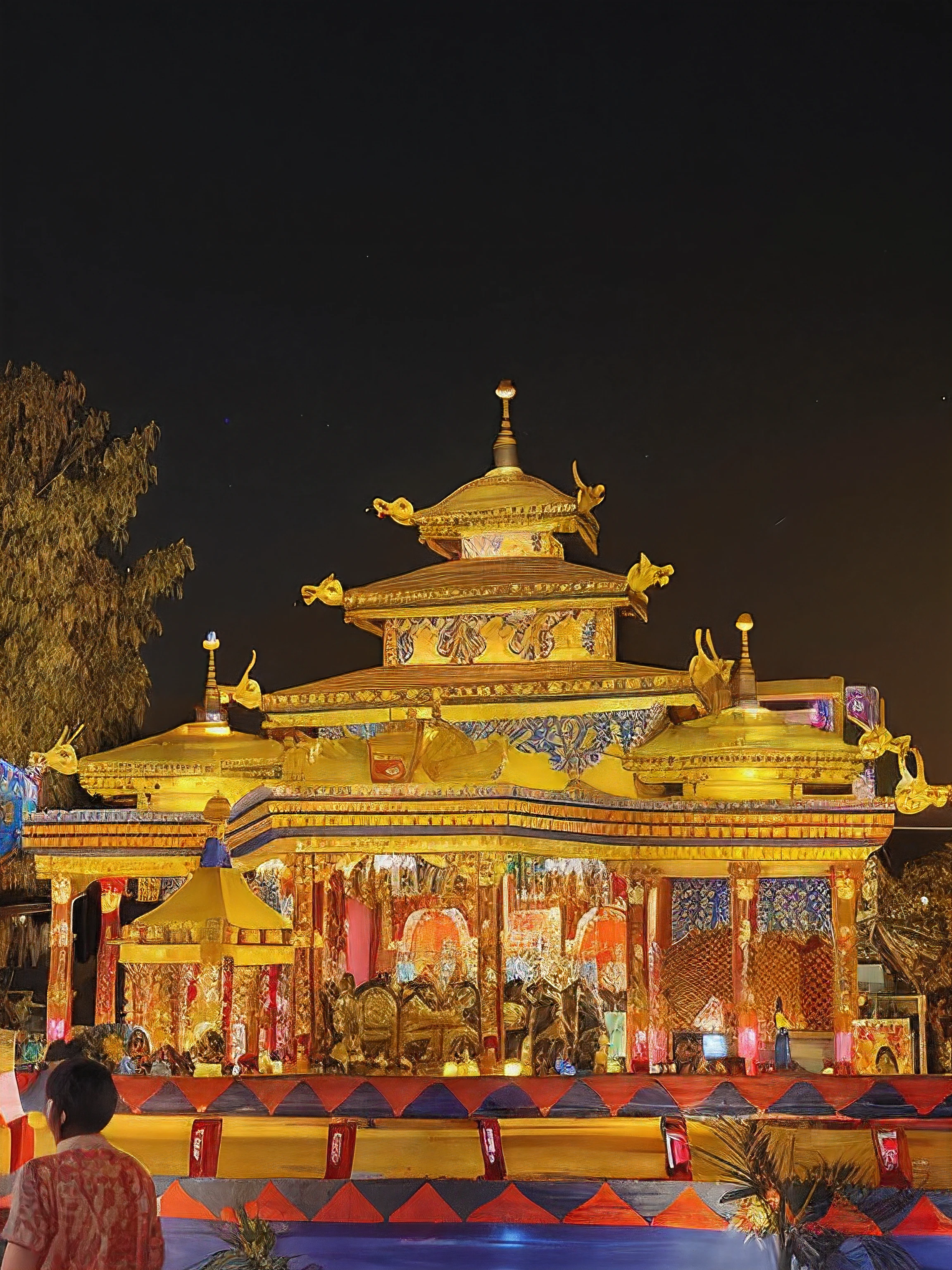 brightly lit building with a large stage in the middle of it, temple fair, a temple, temple, temple in the background, temple background, at night time, with glowing lights at night, an altar of a temple, taken with a canon dslr camera, photo taken at night, beautiful image, taken with sony a7r camera, festival of rich colors