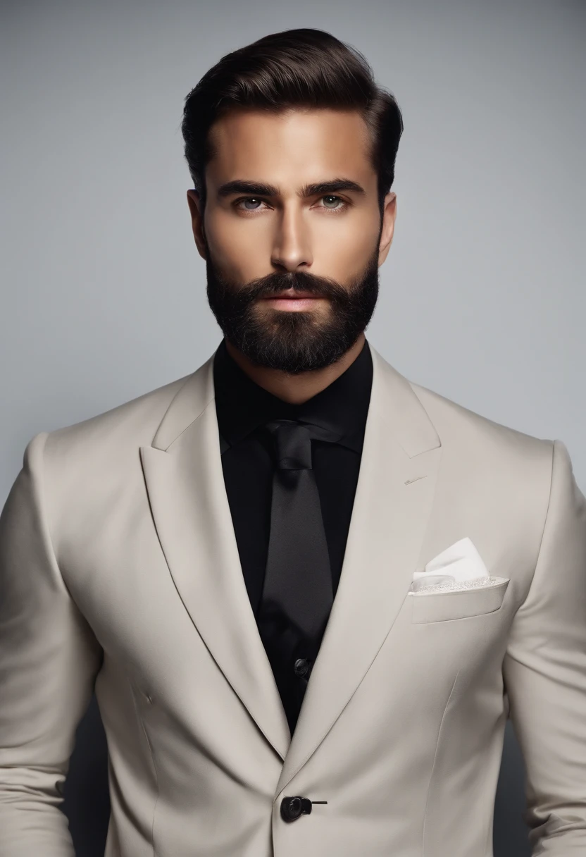 en haut、Faire un bel homme de 30 ans dans un costume noir et une cravate, PDG, cheveux et barbe bruns, (Homme en costume noir et cravate), ), (Utilisez une barbe,) Attractive and serious and kind look, cheveux noirs courts, Elegant and elegant, Shave snugly in suit and strong body, (highly quality, Realistic images), Dark and light black on image background, style de film, ((premier quality, 8k, tmasterpiece), Ultra High Definition Photo, (Beautiful detailed faces, detail skin texture, Hyperdetailed body:1.1)