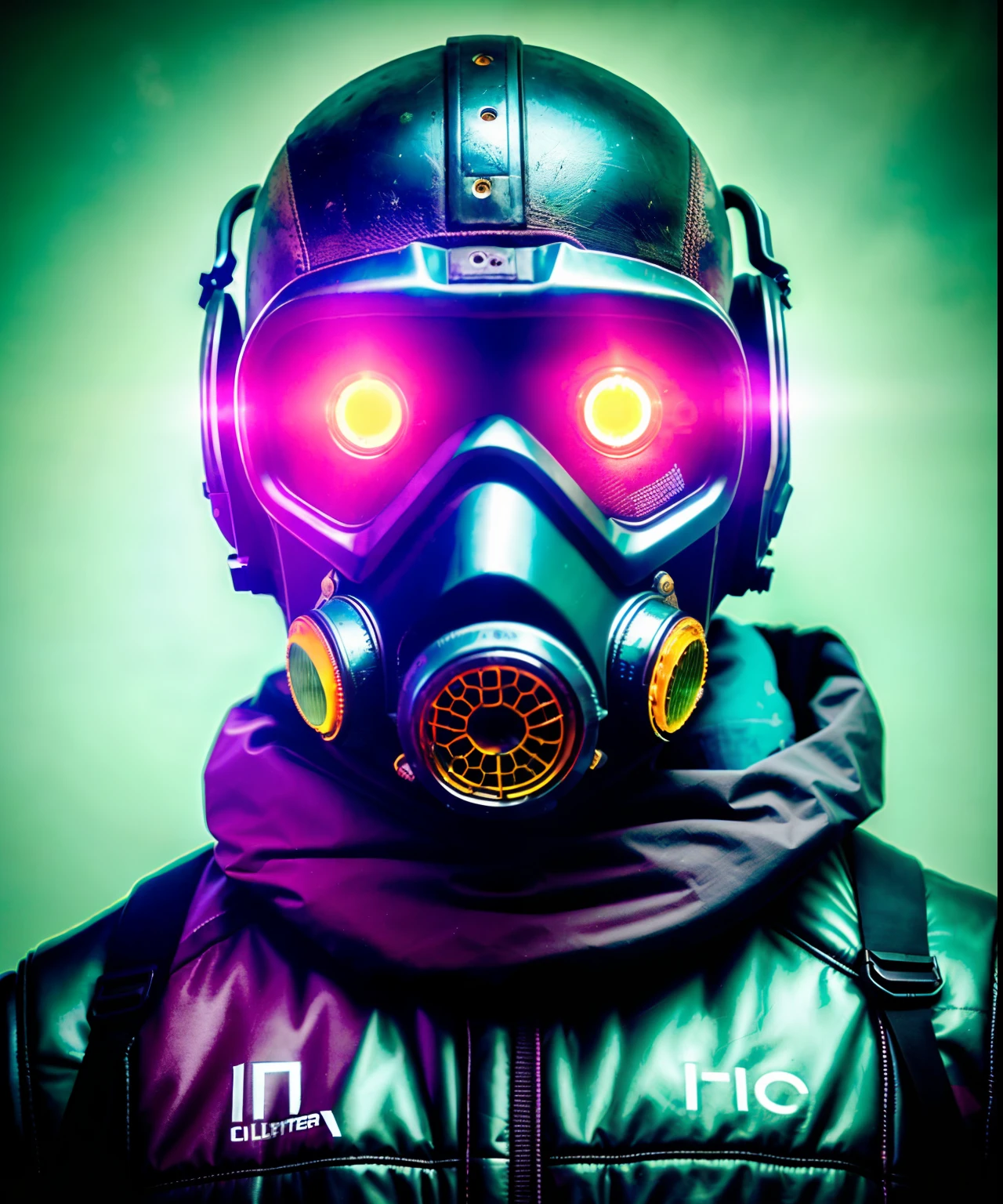 (La mejor calidad,Altas Resoluciones,fotorrealista:1.37),cyberpunk,alto contraste,Personaje urbano,Chernobyl-like atmosphere, Portrait Character with gas mask,Detalles de primera calidad,futuristic,Technological,Escena nocturna,distopic,Neon lights,Dramatic lighting,Ambiente arenoso,Bright signals,Decadencia urbana,Calles llenas de humo,cybernetic enhancements,foco nítido,Elementos industriales,Obsesionante,post-apocalyptic,Orientado a los detalles,Texturas impresionantes,metallic surfaces,Paisaje urbano,rascacielos altos,Sombras oscuras,epic composition,nervioso,Kinematic,Antecedentes detallados,colores vibrantes,Ominous mood. Herramientas y armamento avanzados,Texturas grunge,s