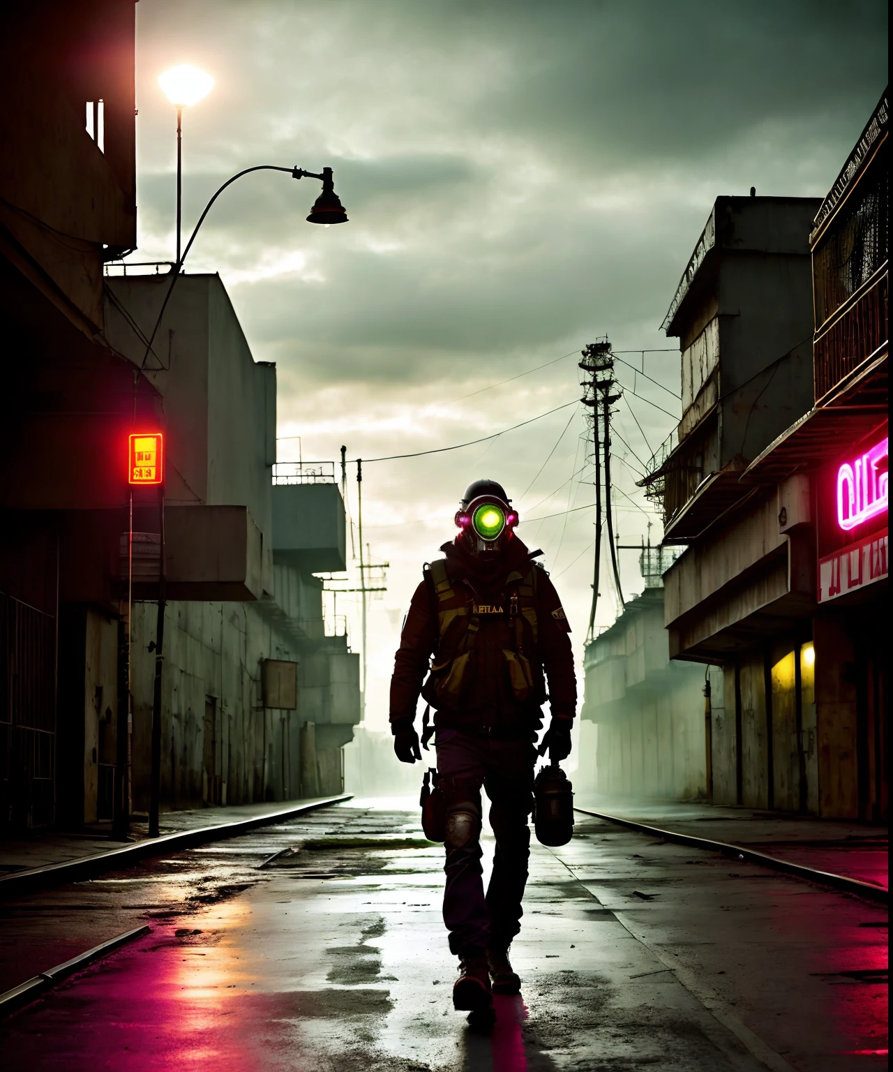 (La mejor calidad,Altas Resoluciones,fotorrealista:1.37),cyberpunk,alto contraste,Personaje urbano,Chernobyl-like atmosphere, Portrait Character with gas mask,Detalles de primera calidad,futuristic,Technological,Escena nocturna,distopic,Neon lights,Dramatic lighting,Ambiente arenoso,Bright signals,Decadencia urbana,Calles llenas de humo,cybernetic enhancements,foco nítido,Elementos industriales,Obsesionante,post-apocalyptic,Orientado a los detalles,Texturas impresionantes,metallic surfaces,Paisaje urbano,rascacielos altos,Sombras oscuras,epic composition,nervioso,Kinematic,Antecedentes detallados,colores vibrantes,Ominous mood. Herramientas y armamento avanzados,Texturas grunge,s