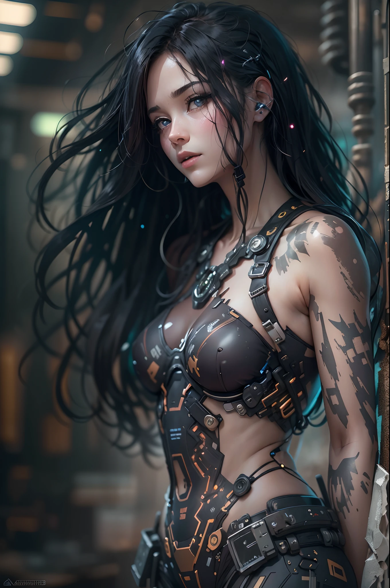 girl is half-machine, bionic, android, futuristic tech, mech, tattoo, wearing a bikini, lingerie, underwear, provocative, sexy, sensual, abandon machines and technologies, the background is a top level on a dystopia abandon factory, post-apocalyptic, (best quality, 4k, 8k, highres, masterpiece:1.2), black hair, ultra-detailed, sparkling eyes,lustrous hair flowing in the wind,graceful pose,harmonious features,subdued lighting,soft diffused glow,evocative ambiance,vivid colors,subtle shadows,illuminated scene,warm sunlight filtering through lush greenery,melancholic atmosphere,ethereal lighting,playful shadows,dusky twilight,harsh dramatic lighting,mysterious shadows,lively and vibrant color palette