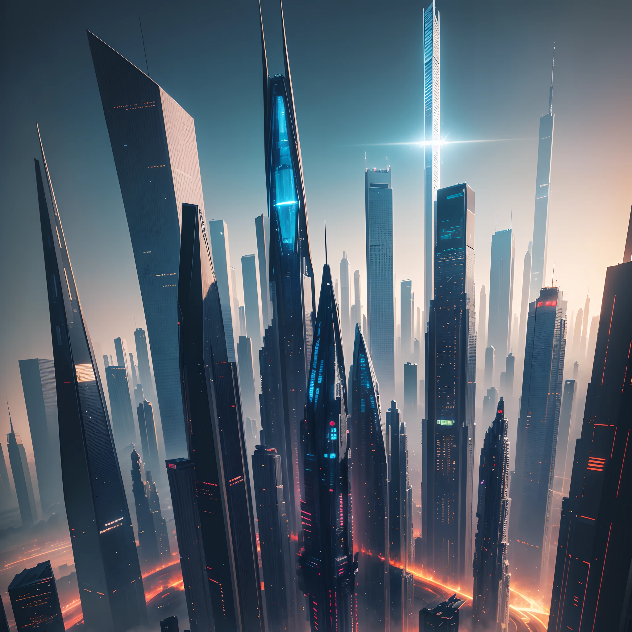 Best Quality, 8K, Ultra-detailed:1.2), Futuristic skyline of towering skyscrapers, Cyberpunk, Sci-Fi Art, planet earth, A futuristic world, masutepiece, Glass skyscraper, Imaginative, 20 times taller buildings, Vivid colors, Dramatic Lighting