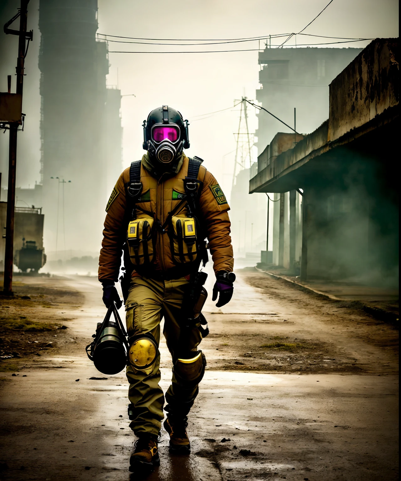 (La mejor calidad,Altas Resoluciones,fotorrealista:1.37),cyberpunk,alto contraste,Personaje urbano,Chernobyl-like atmosphere, Character Portrait with Gas Mask,Detalles de primera calidad,futuristic,Technological,escena nocturna,distopic,Neon lights,Dramatic lighting,Ambiente arenoso,Bright signals,Decadencia urbana,Calles llenas de humo,cybernetic enhancements,foco nítido,Elementos industriales,Obsesionante,post-apocalyptic,Orientado a los detalles,Texturas impresionantes,metallic surfaces,paisaje urbano,rascacielos altos,sombras oscuras,epic composition,nervioso,Kinematic,Antecedentes detallados,colores vibrantes,Ominous mood. Herramientas y armamento avanzados,texturas grunge,s
