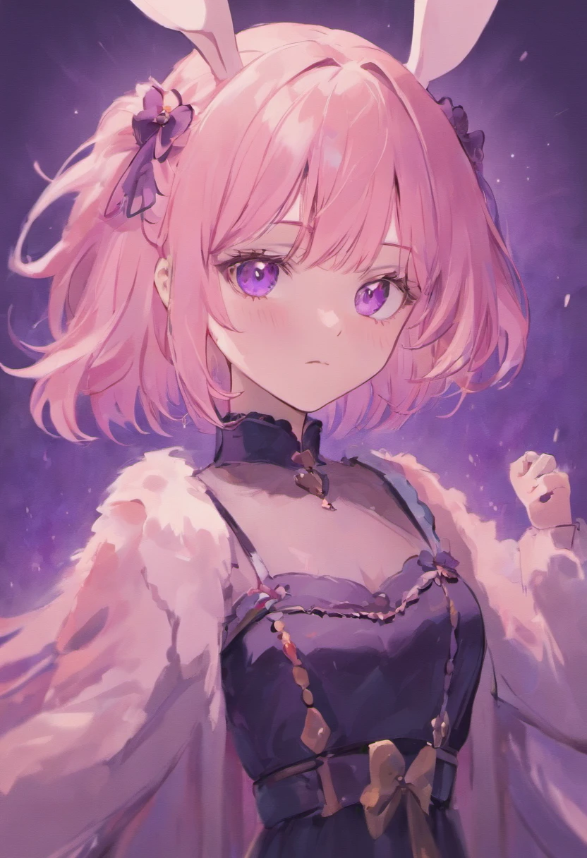 Cute Anime Woman with Lavender hair in a stylized straight bob, silver eyes, high cheekbones and rabbit ears, wearing a black dress, semi realism anime style