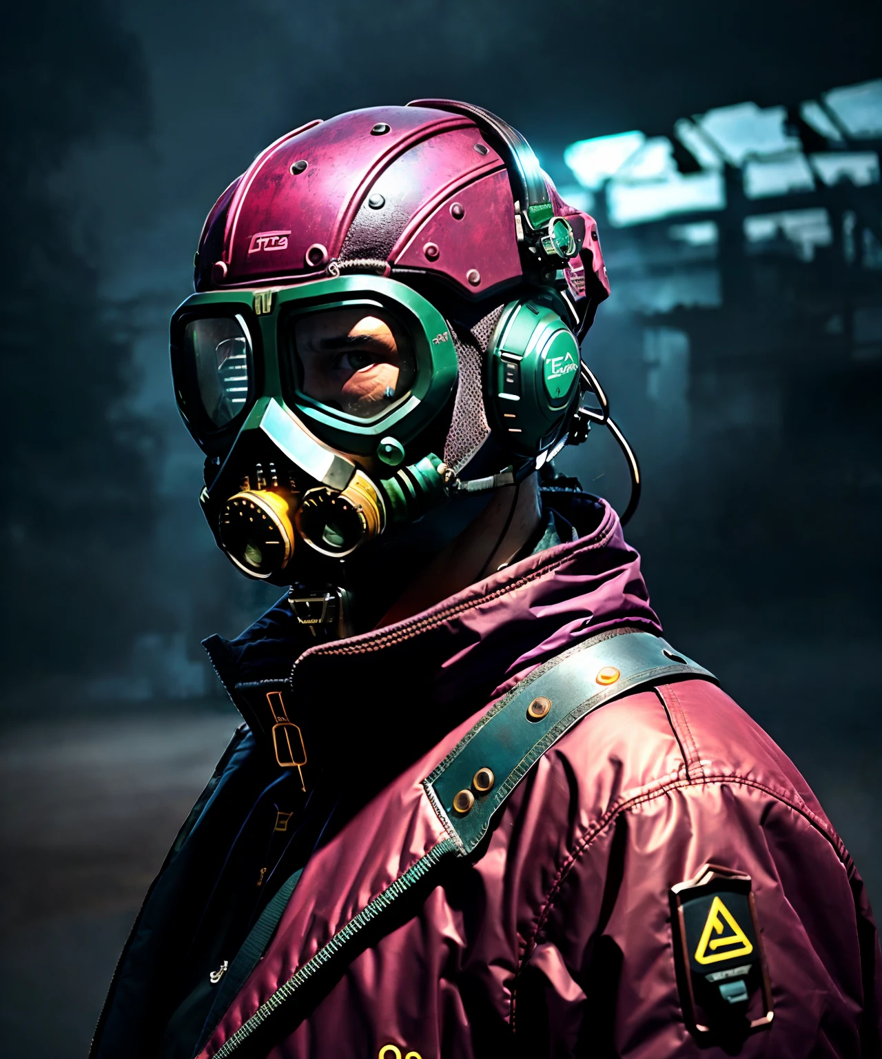 (La mejor calidad,Altas Resoluciones,fotorrealista:1.37),cyberpunk,alto contraste,Personaje urbano,Chernobyl-like atmosphere, Character Portrait with Gas Mask,Detalles de primera calidad,futuristic,Technological,escena nocturna,distopic,Neon lights,Dramatic lighting,Ambiente arenoso,Bright signals,Decadencia urbana,Calles llenas de humo,cybernetic enhancements,foco nítido,Elementos industriales,Obsesionante,post-apocalyptic,Orientado a los detalles,Texturas impresionantes,metallic surfaces,paisaje urbano,rascacielos altos,sombras oscuras,epic composition,nervioso,Kinematic,Antecedentes detallados,colores vibrantes,Ominous mood. Herramientas y armamento avanzados,texturas grunge,s