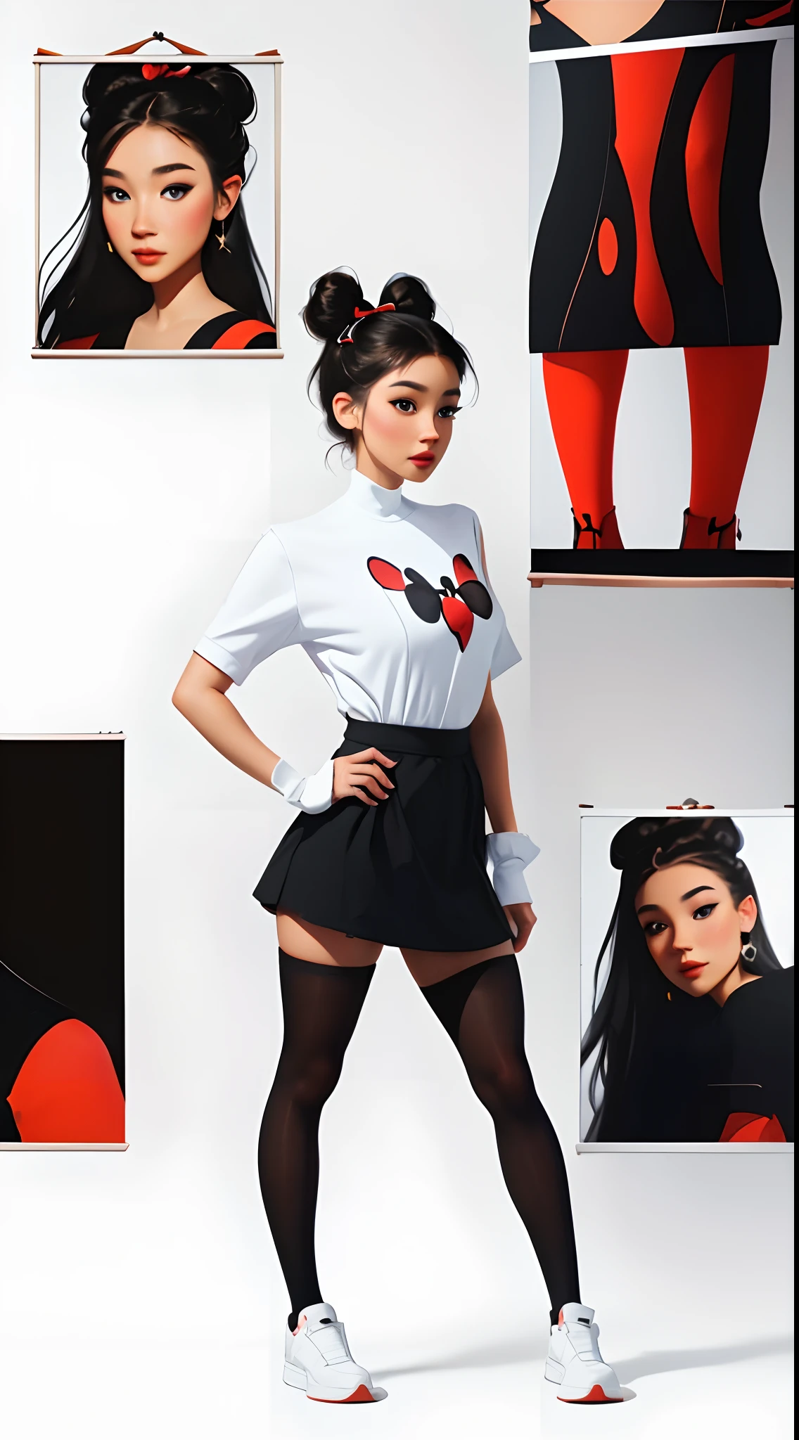 Caucasian Human Minnie Mouse, neoartcore style, young woman in her twenties sitting down, (((((full body portrait poster))))), black hair in two buns with a red bow, blue eyes, fair skin, red dress with wihite pika dots, black tights, yellow shoes, (((((white background))))), contour, hyperdetailed intricately detailed, unreal engine, fantastical, intricate detail, complementary colors, fantasy concept art, 8k resolution, deviantartmasterpiece, oil painting, heavy strokes