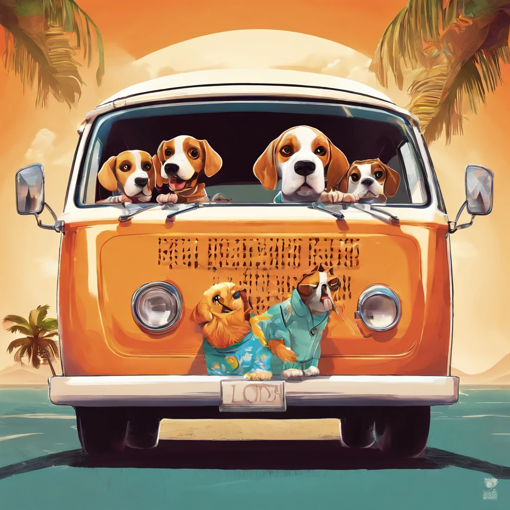 A Pixar-style poster featuring a van and three friends with an orange beagle dog. The three friends, the first wears a floral Hawaii-style shirt, the second wears sunglasses and a painted shirt and the other with a leather jacket
