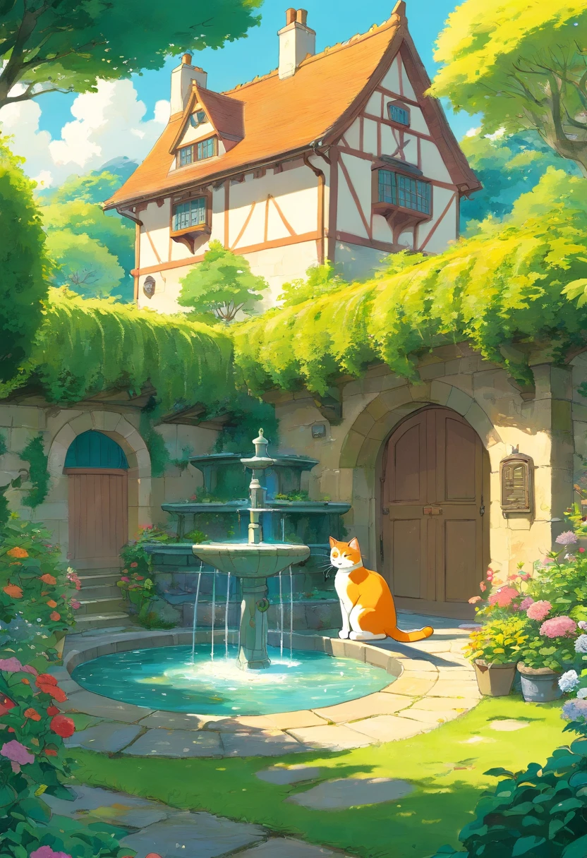 Scottish folding cat, trpical garden. fountain.Distant houses.