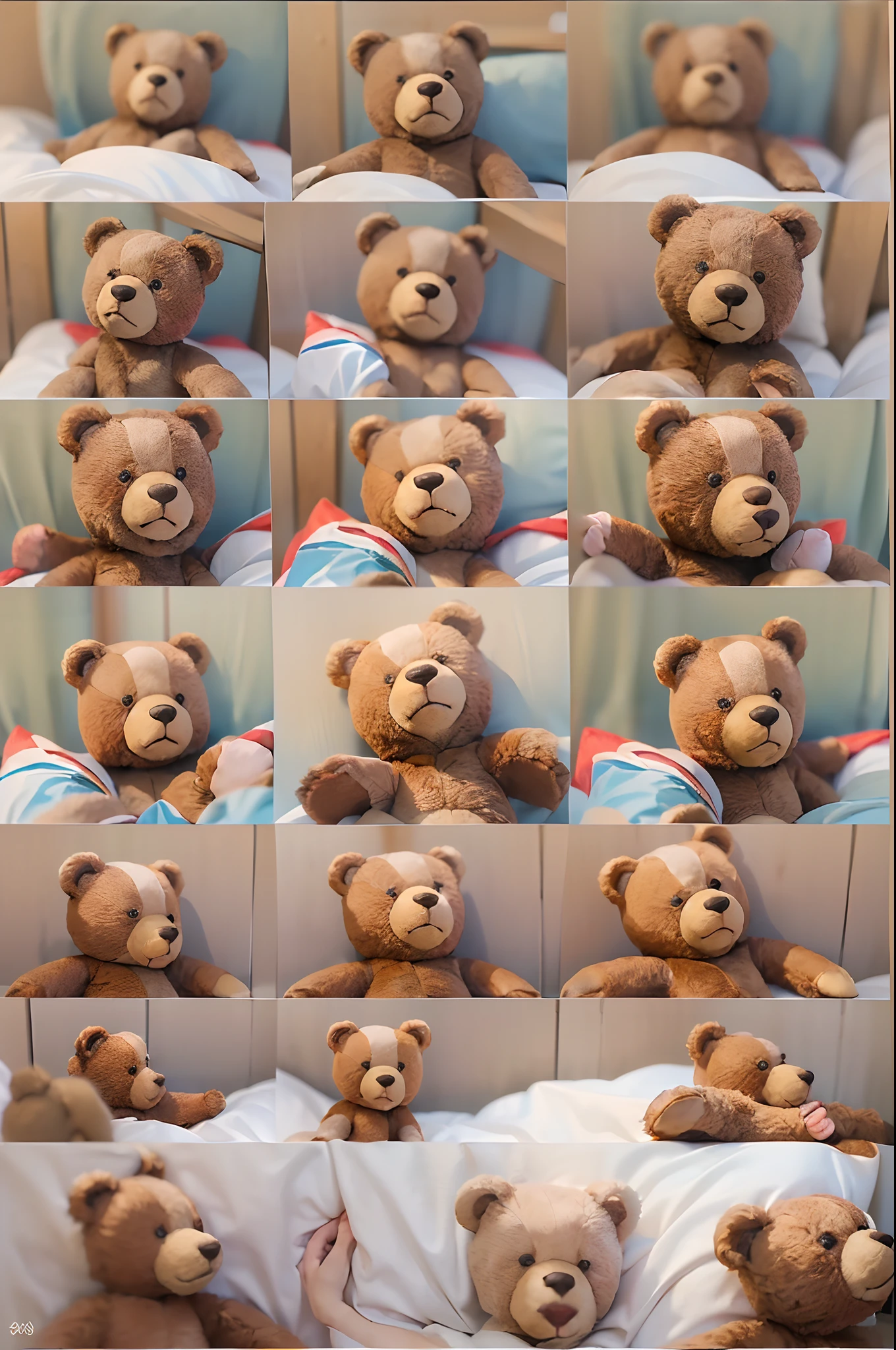 ((top-quality、8K、masterpiece:1.3))、Full body posture、foco nítido:1.2、(realisitic、Photorealsitic:1.37)、((beautiful smiling face))、Gaze towards the viewer、Beautiful Face Woman、32years old、pointed chest、long eyeslashes、Colorcon、Big 、delicated、Very detailed eyes、Highly detailed eyebrows、(Sharp Eyebrows)、(Thin eyebrows)、very vey very detailed face、((Brunette short disheveled hair)),Clothed、Detailed background(8K、masterpiece、top-quality、Raw foto) ((((Lying in bed))))、King-size bed、((((View of a lying woman from above))))、(((Hugging a big brown teddy bear)))