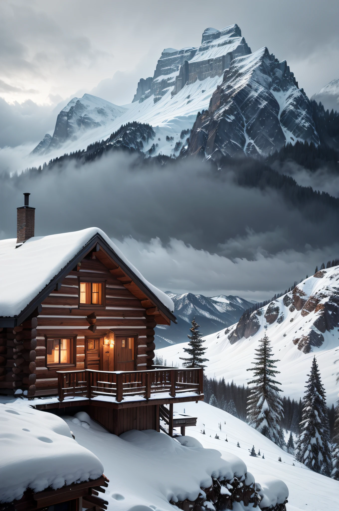 Picture of a mountaintop chalet wood log cabin resting at the top of a flat hill. Modern log chalet, cozy log chalet (At top of snowy mountain) ((Snowy blizzard weather)) ((grey skies)) ((Cozy Wooden Log cabin)) ((Evening))