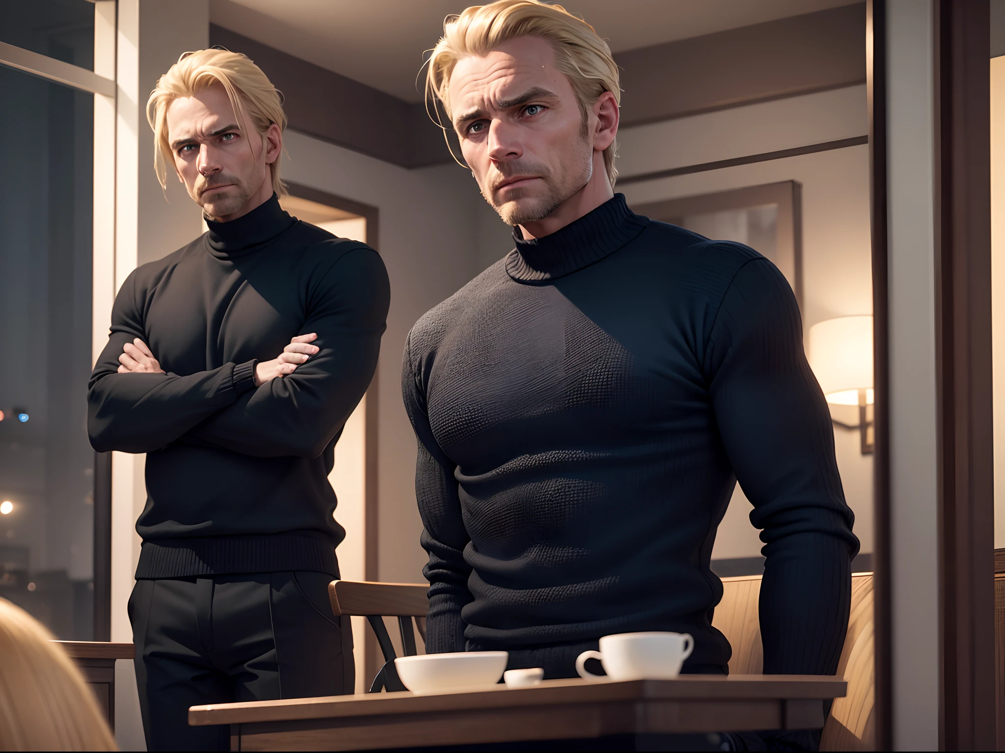 8K realistic image of a 42 year old man, short, neatly combed blond hair, condescending expression, dressed in a black sweater and blue pants, Standing in a dining room, night, worried expression