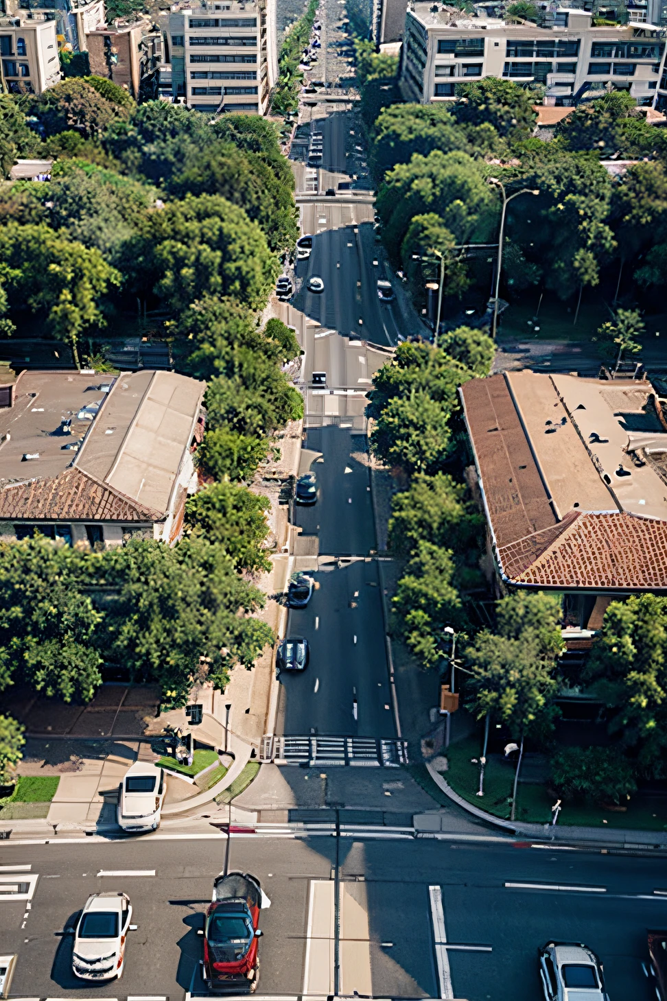 Aerial view of a city with trees, rios, Traffic and pedestrian walking