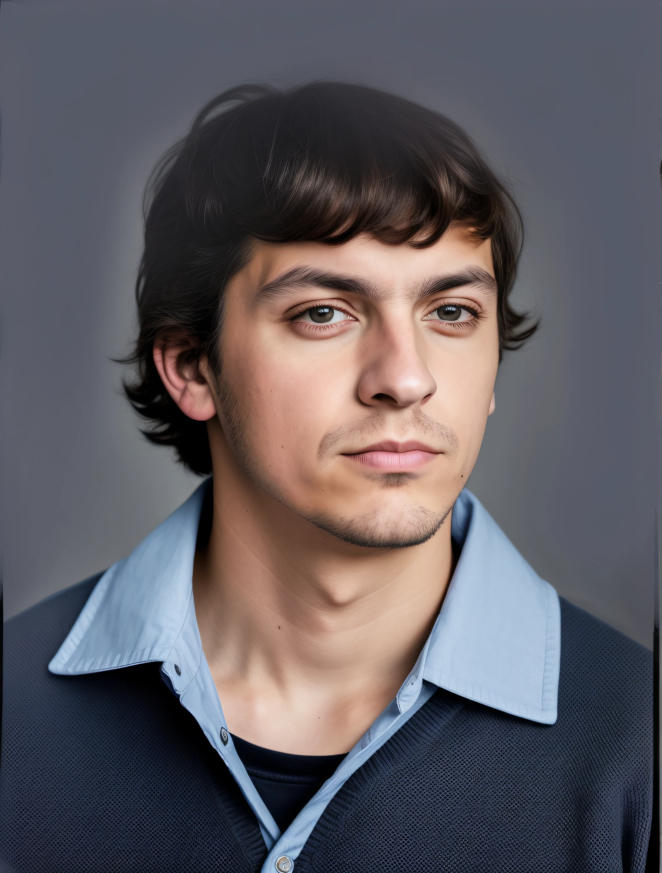 Image of a man wearing a blue shirt and a black sweater, Retrato de estudio realista, pintado digitalmente, Cara realista, Foto de retrato realista, Tony Sandoval. 8 K realista, Retrato de Jughead Jones, Cara restaurada realista, Retrato de personaje, Retrato detallado en color, Arte digital de retrato, Retrato fotorrealista, inspirado por John Luke, Retrato fotorrealista