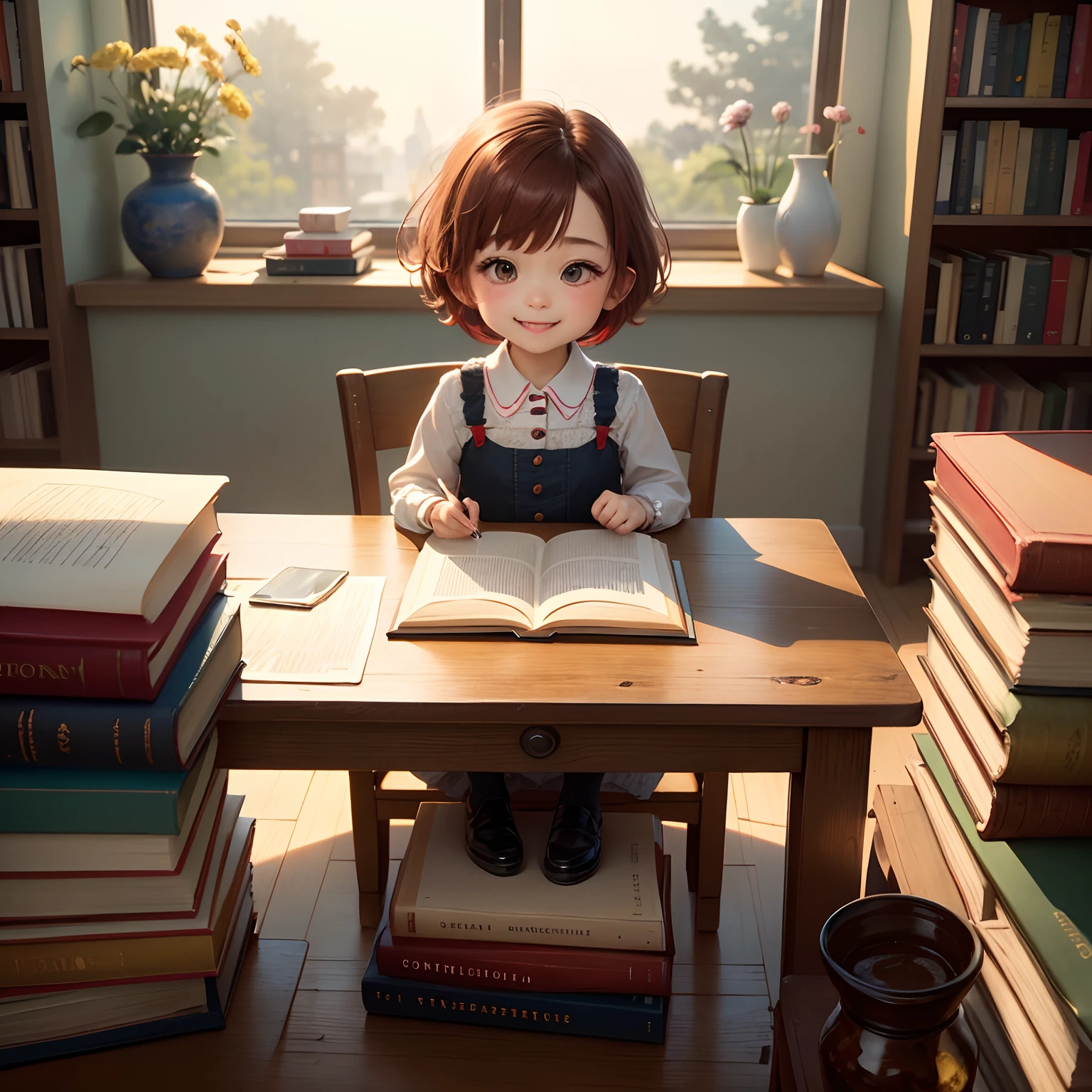 masterpiece、top-quality、ultra-detailliert、(Chibi Chara's Daughter:1.2)、Chibi Library、Red Bob、Van Gogh's Flower Art Dresses、(lecture:1.1)、Encyclopedias and books pile up on the table、A smile、sitdown、Bright sunlight through the window、