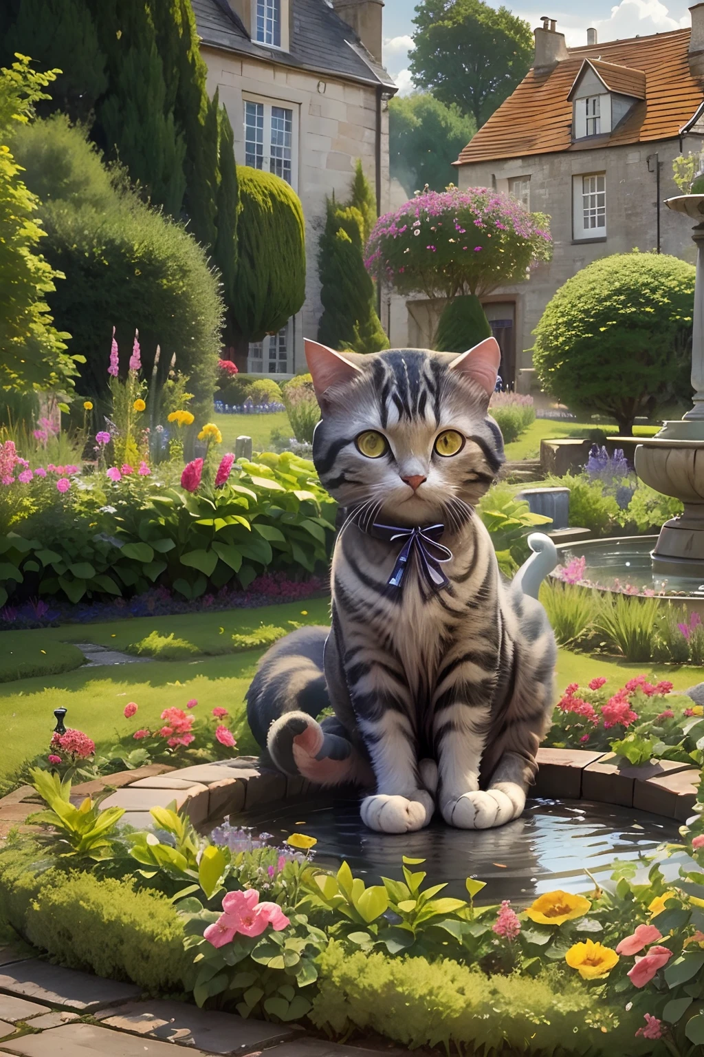 Scottish folding cat, trpical garden. fountain.Distant houses.