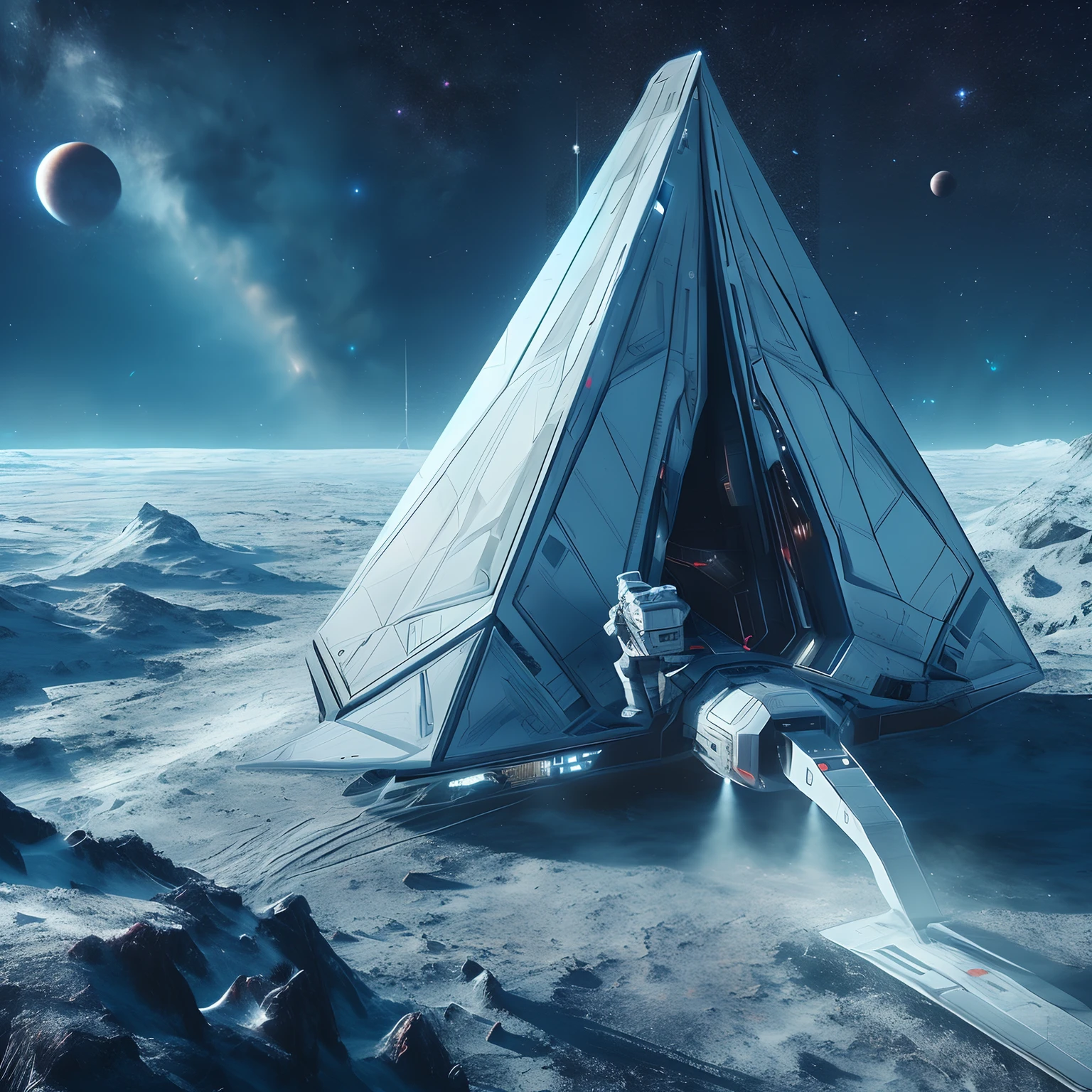 spaceship on a snowy surface with a space station in the background, jessica rossier fantasy art, by jessica rossier, jessica rossier color scheme, inspired by jessica rossier, in the art style of filip hodas, 8 k high detail concept art, an epic space ship scene, 8 k concept art, 8k concept art, depicted as a scifi scene