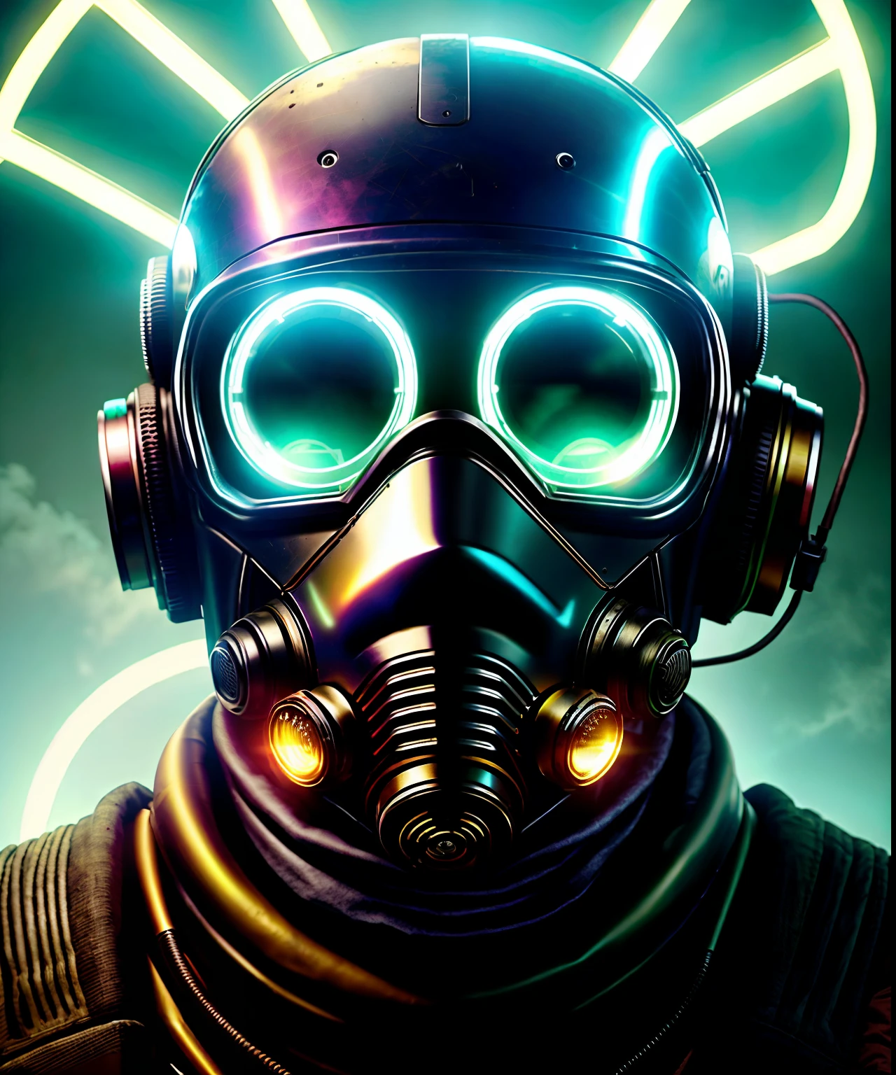 (La mejor calidad,Altas Resoluciones,fotorrealista:1.37),cyberpunk,alto contraste,Personaje urbano,Chernobyl-like atmosphere, Character Portrait with Gas Mask,Detalles de primera calidad,futuristic,Technological,escena nocturna,distopic,Neon lights,Dramatic lighting,Ambiente arenoso,Bright signals,Decadencia urbana,Calles llenas de humo,cybernetic enhancements,foco nítido,Elementos industriales,Obsesionante,post-apocalyptic,Orientado a los detalles,Texturas impresionantes,metallic surfaces,paisaje urbano,rascacielos altos,sombras oscuras,epic composition,nervioso,Kinematic,Antecedentes detallados,colores vibrantes,Ominous mood. Herramientas y armamento avanzados,texturas grunge,s