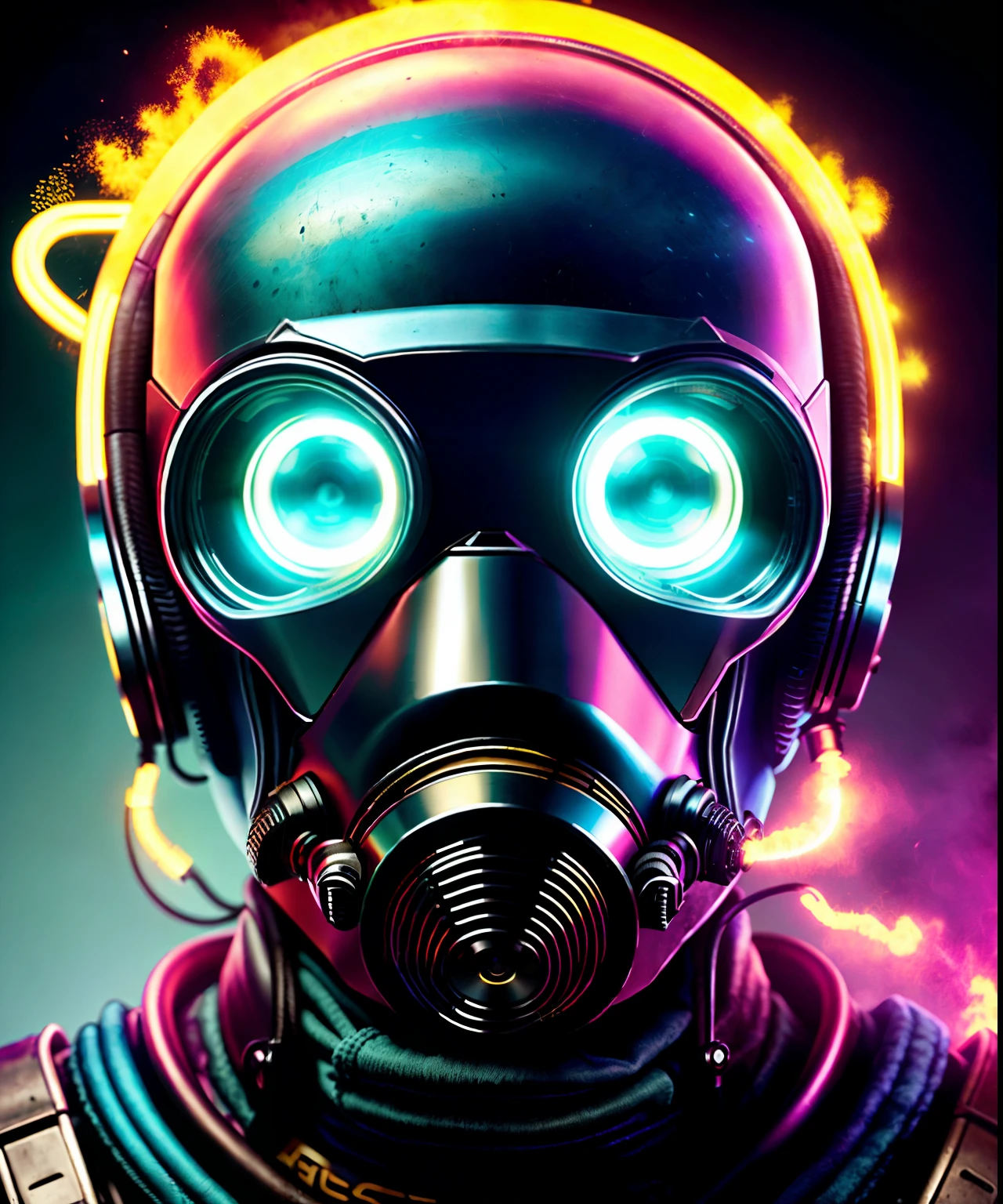 (La mejor calidad,Altas Resoluciones,fotorrealista:1.37),cyberpunk,alto contraste,Personaje urbano,Chernobyl-like atmosphere, Character Portrait with Gas Mask,Detalles de primera calidad,futuristic,Technological,escena nocturna,distopic,Neon lights,Dramatic lighting,Ambiente arenoso,Bright signals,Decadencia urbana,Calles llenas de humo,cybernetic enhancements,foco nítido,Elementos industriales,Obsesionante,post-apocalyptic,Orientado a los detalles,Texturas impresionantes,metallic surfaces,paisaje urbano,rascacielos altos,sombras oscuras,epic composition,nervioso,Kinematic,Antecedentes detallados,colores vibrantes,Ominous mood. Herramientas y armamento avanzados,texturas grunge,s