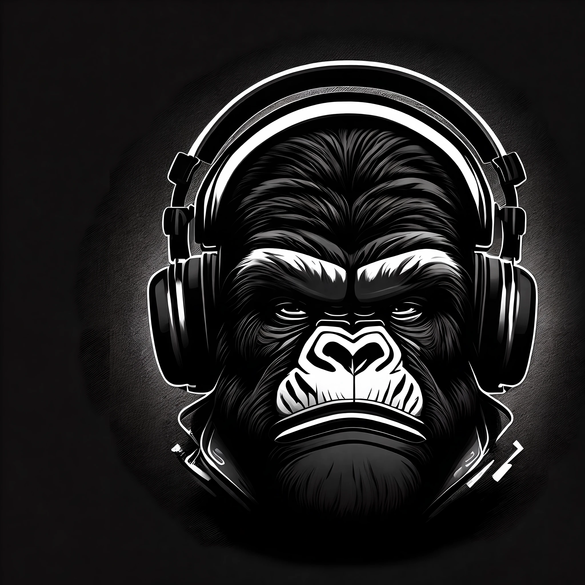 E-sports Logo, gorilla wearing headphones, vector art, black & white