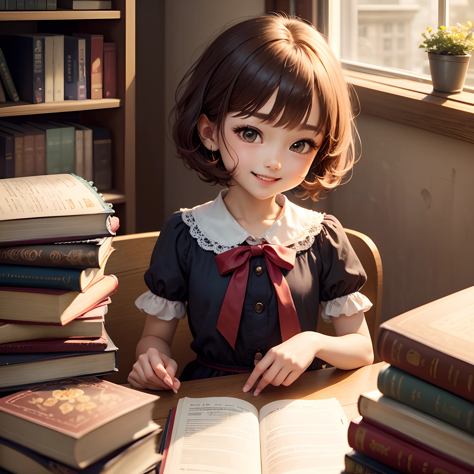 masterpiece、top-quality、ultra-detailliert、(Chibi Chara's Daughter:1.37)、Chibi Library、Red Bob、Van Gogh's Flower Art Dresses、(lecture:1.1)、Encyclopedias and books are piled up on the table、A smile、sitdown、Bright sunlight shining through the window、