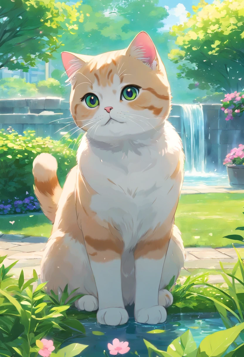 Scottish Fold cat, garden , spring foutain.