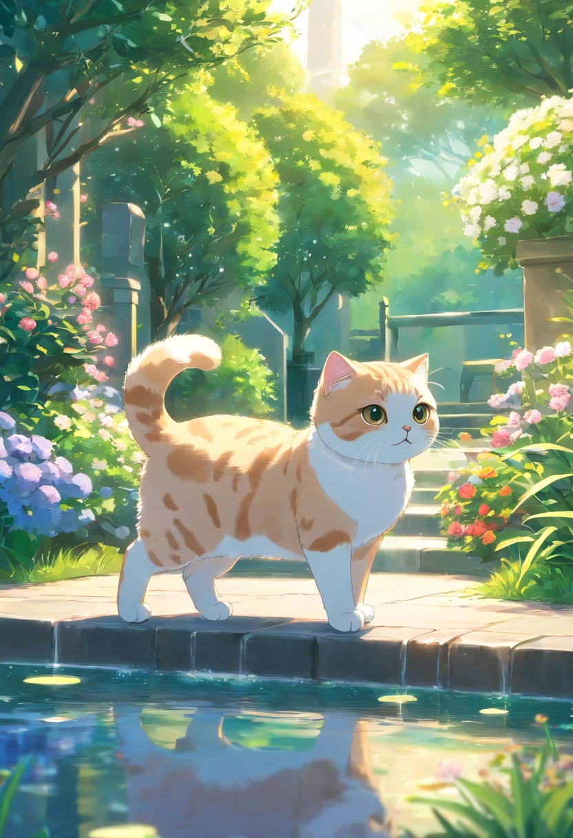 Scottish Fold cat, garden , spring foutain.