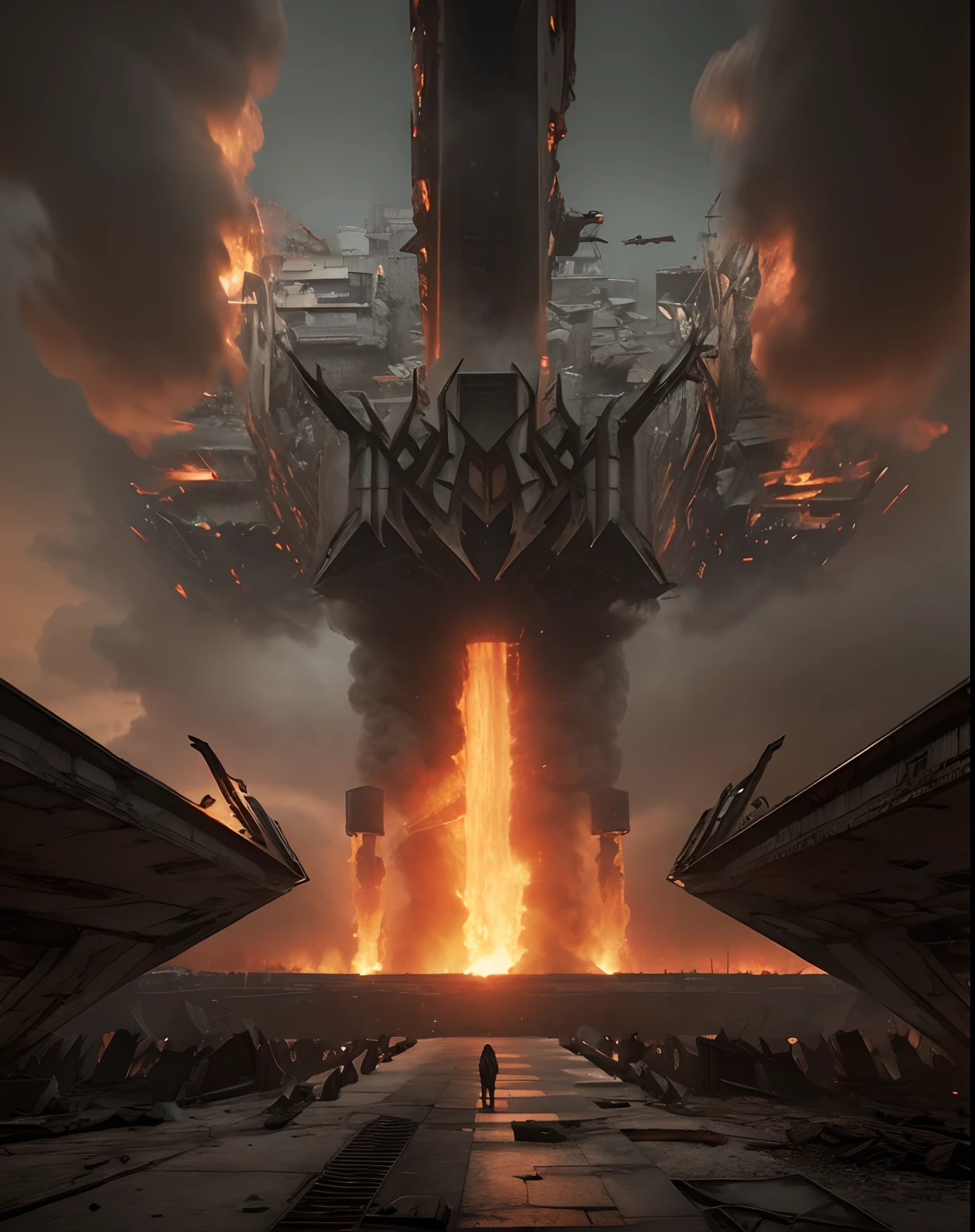 a ruined futuristic metropolis with collapsed buildings and fires while enemy bombers fly overhead, realistic, 4k, chaotic, apocalyptic