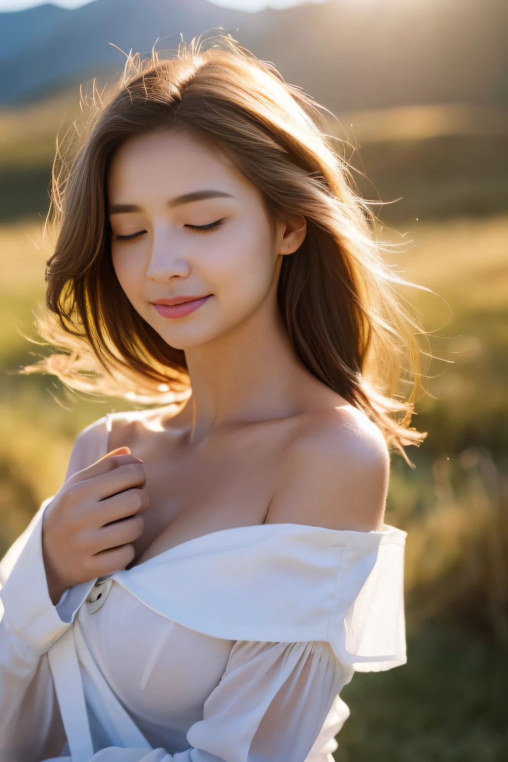 (( Realistic light, Best quality, 8k, Masterpiece :1.3)), 1girl, small mole under eyes, smile, closed eyes, small moles on the breast, Pretty woman with slender figure :1.4, abs :1.1, korean, pale-skined, (floatingwavy silk-brown hair, floating hair by wind, medium_breasts :1), (deep_cleavage), white offshoulder shirt:1.2, long sleeves wet by wind, (sweaty skin on breast:1), standing, night in the mountain, campfire light, Ultra-detailed face, Detailed eyes, Double eyelid, shiny skin, cowboy shot
