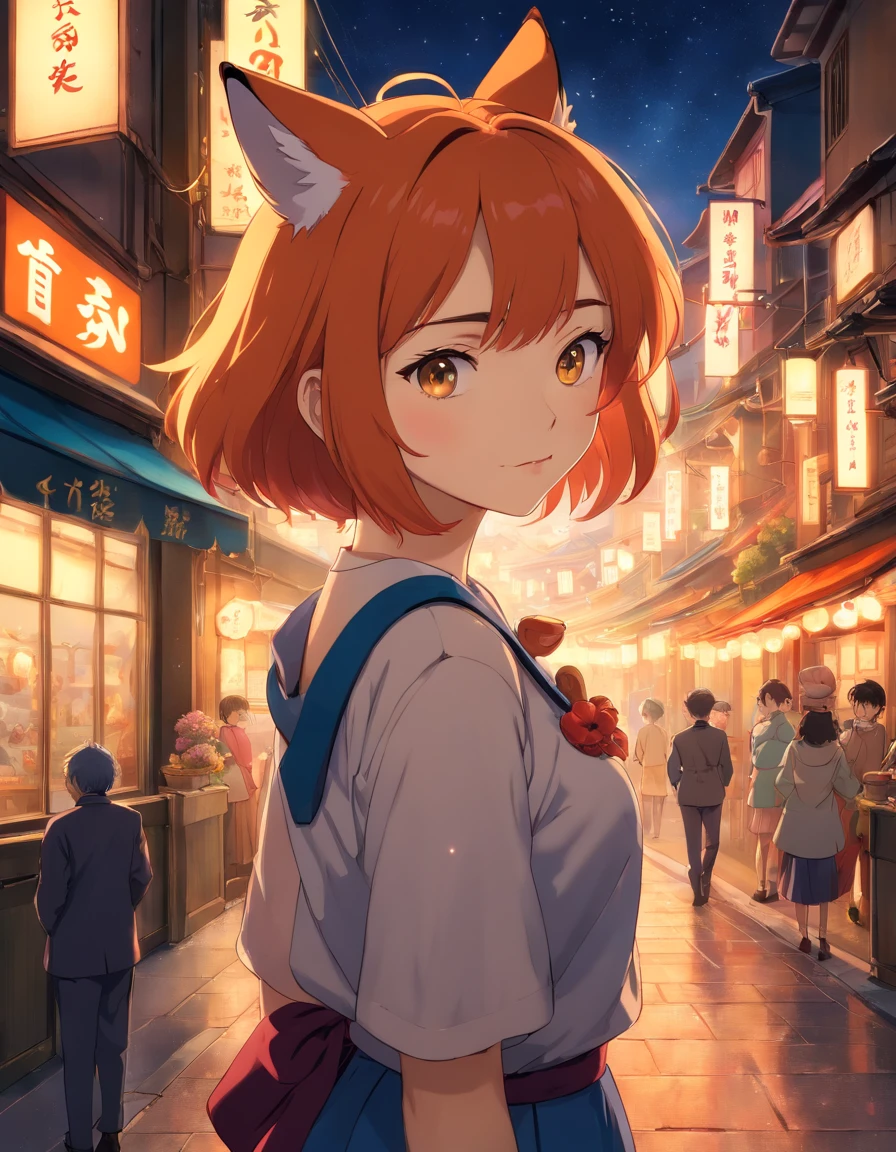 ((Best Quality, 8K, Masterpiece: 1.3)), 1girl, Fox-looking Slim with 9 syrups and with a burning golden on a dark night with a Japanese city with ambient lights and a gloomy lighting focus on the girl and with lus and shadow effects caused by the illuminated aura, the_ tattoo:1.4)