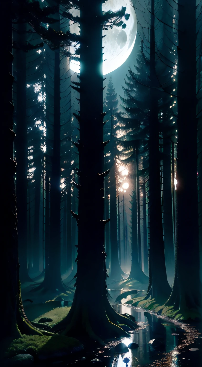 (dark forest clearning at night,moonlit:no building),(best quality,highres),mysterious,ethereal,intense,haunting,dense foliage,ancient trees,dappled moonlight,ominous,shadowy,nighttime mystery,mystical atmosphere,imposing presence of nature,magical silence,uninhabited,wilderness,sinister,distant footsteps,whispers,dark secrets,enchanted solitude,crescent moon,star-lit canopy,twisted branches,misty aura,suspenso,unknown creatures lurking in the shadows,unnerving silence,almost surreal,stillness of the forest,mythical beings,unexplored territory,hint of danger,lunar glow,nighttime symphony of insects,enchanted realm,spellbinding beauty