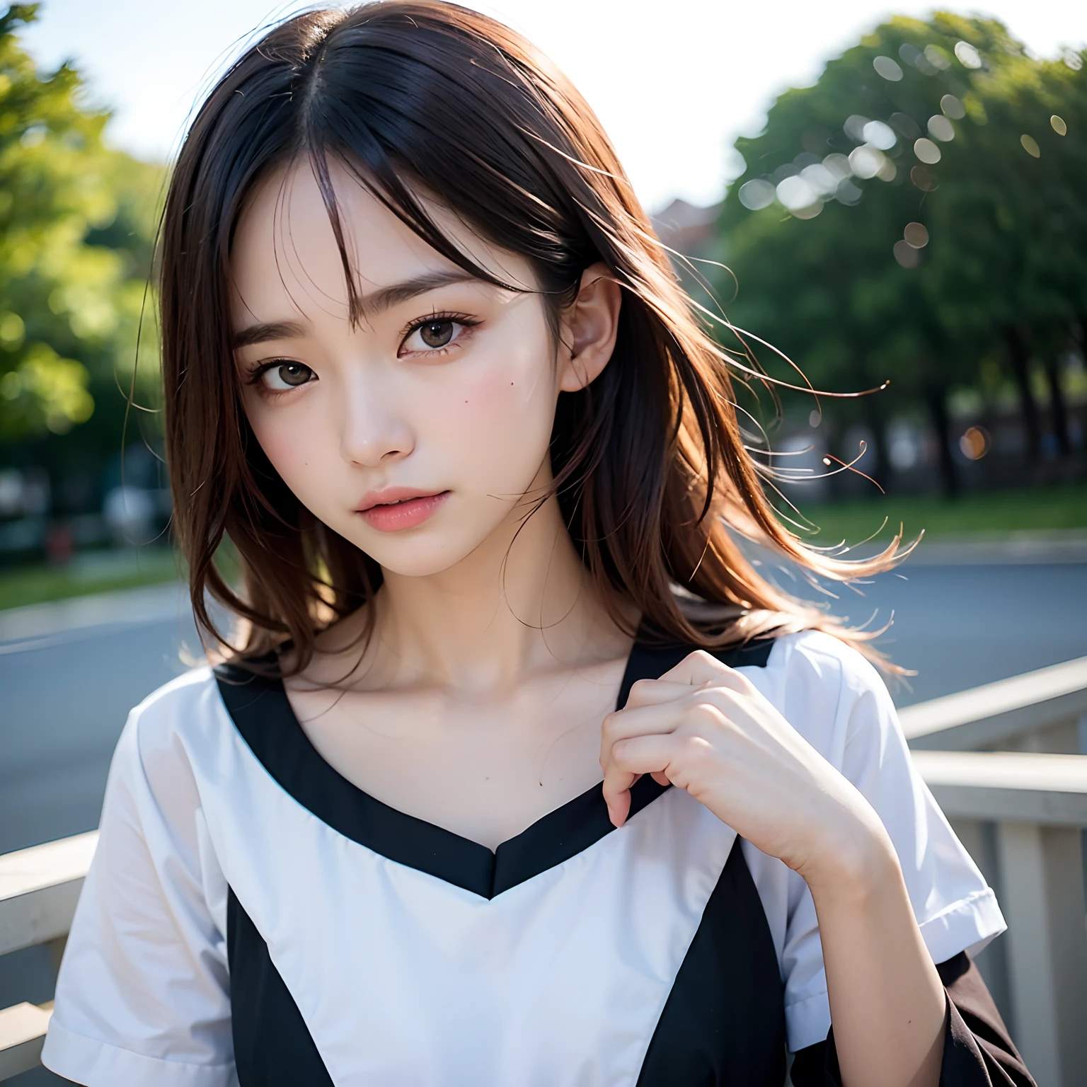 (masutepiece, Best Quality:1.2), 8K, Official art, Raw photo, Full Bord Bill Four、A dark-haired、校服、Prepare a broom、sweep、Wear a broom、Beautiful breasts are thin、years、small tits、unbelievable Ridiculous, (Upper body、校服:1.4), Beautiful Girl, Pretty Face, arching back down,、Gold hair ornament on hair、close up, Sailor Suit, Short sleeve, violaceaess, Teen, Looking at Viewer, Film grain, chromatic abberation, Sharp Focus, face lights, Dynamic lighting, Cinematic lighting, Eyes and faces with detailed, Bokeh background,