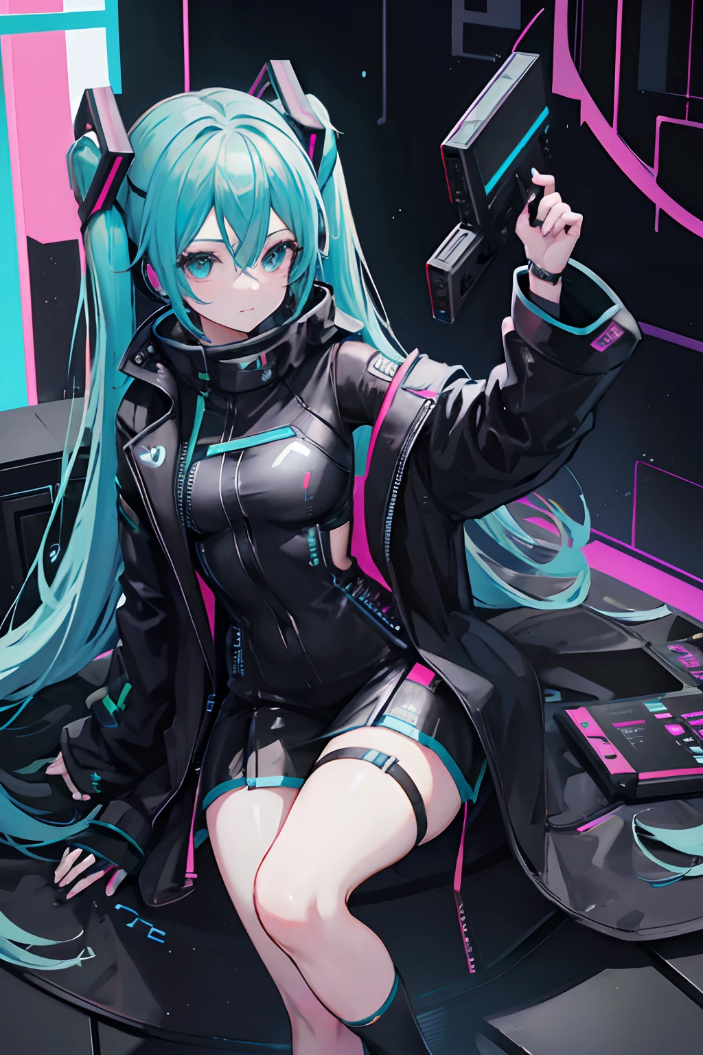 woman, high quality, anime, Punk rock techno, Holoscreen, Adult radio girl playing music, long hair, Cyber Music Costumes, shades of blue and turquoise, shades of purple,Cat ear