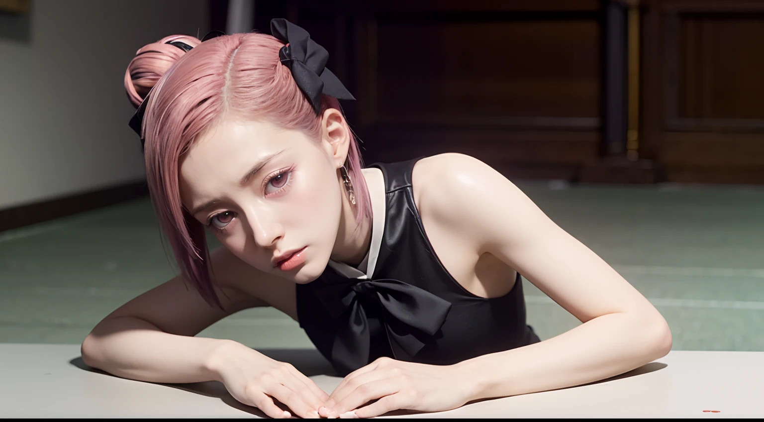 Koyasu Tsubame (Kaguya-sama), pink hair, pink eyes, short hair, multicolored hair, single hair bun, black bow, earrings, school uniform, black dress, red ribbon