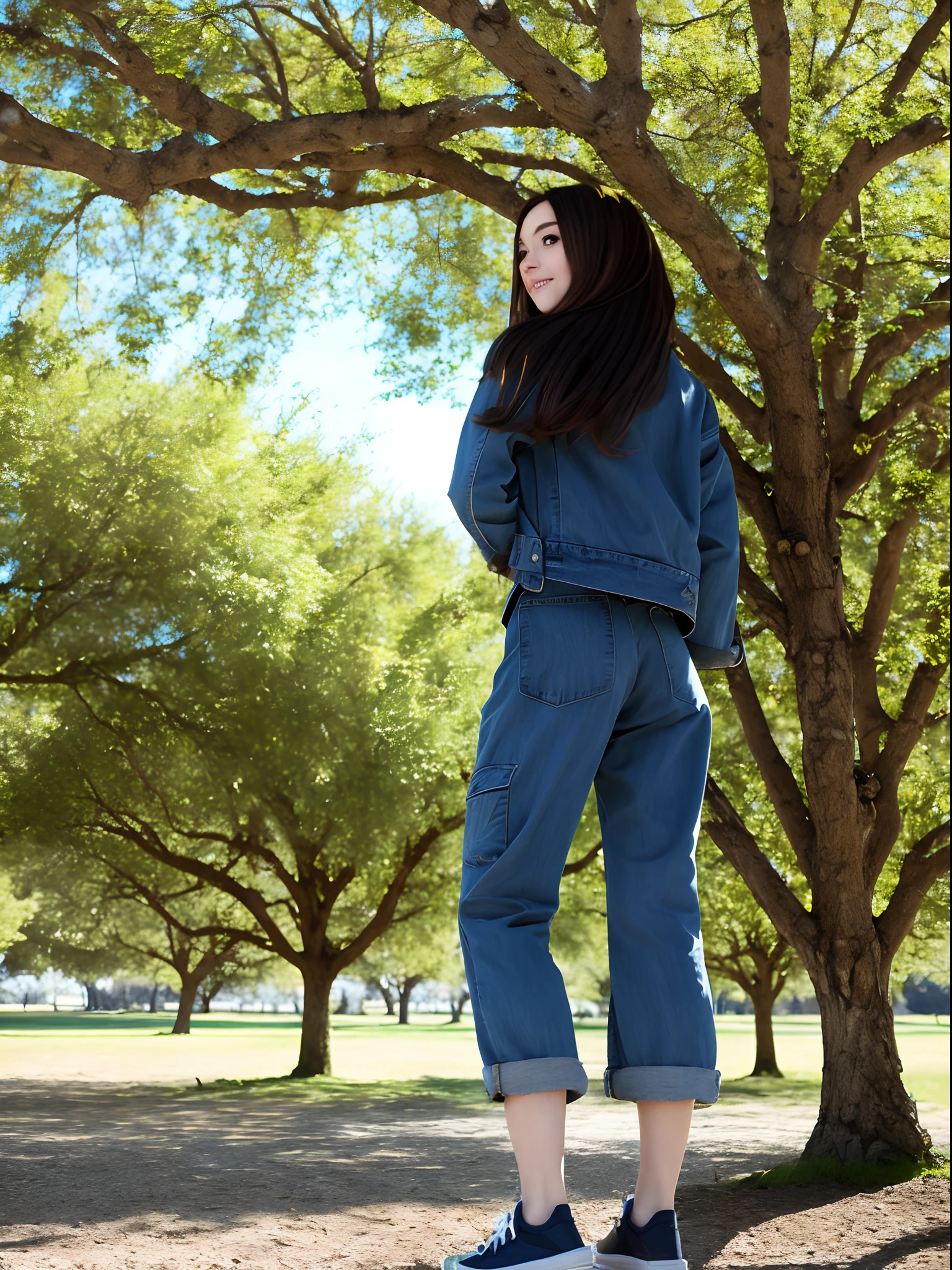 Una chica con cabello largo morado, ojos azules, chaqueta azul, pantalones rojos, pechos grandes, In a park by a tree