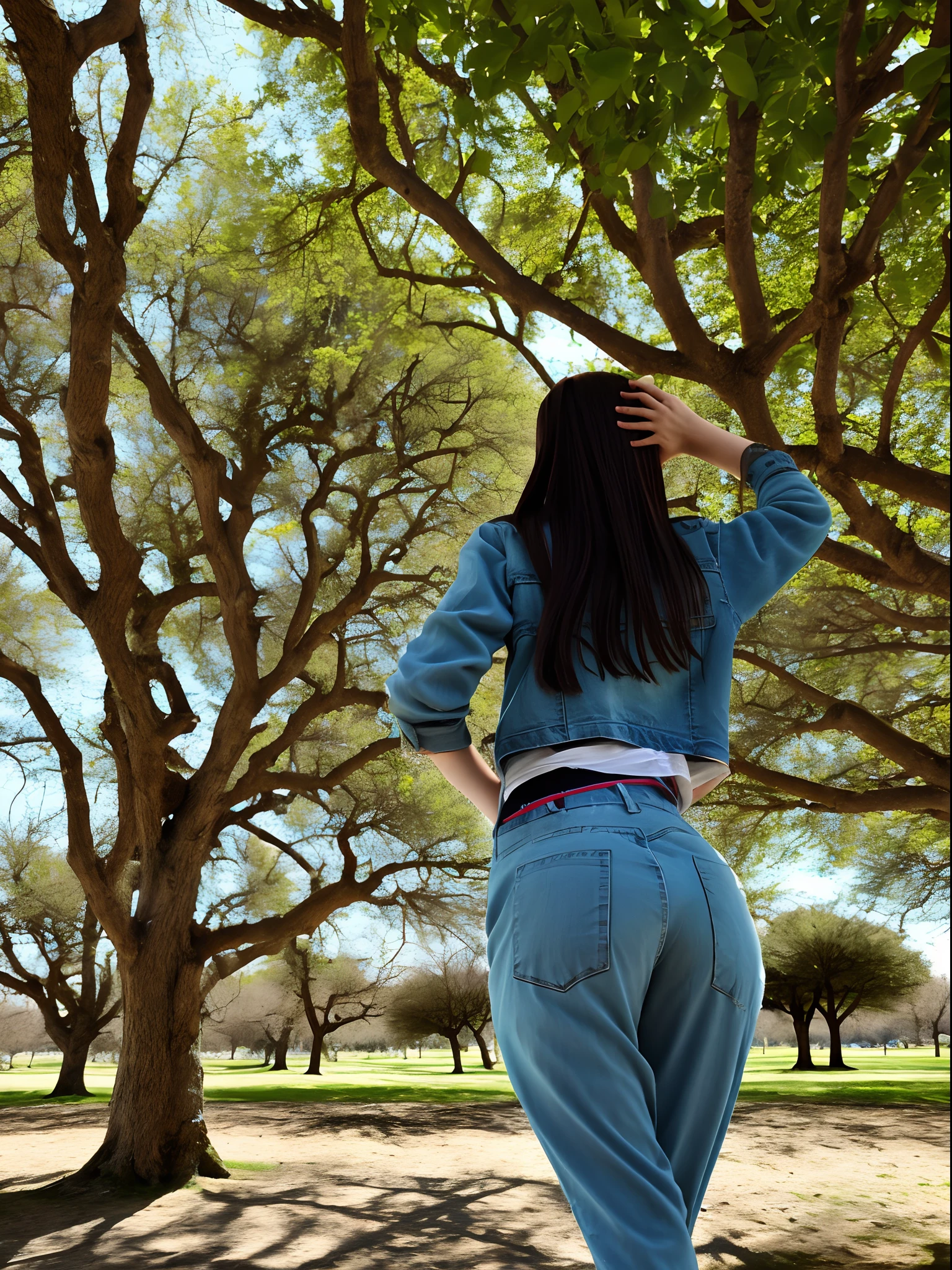 Una chica con cabello largo morado, ojos azules, chaqueta azul, pantalones rojos, pechos grandes, In a park by a tree