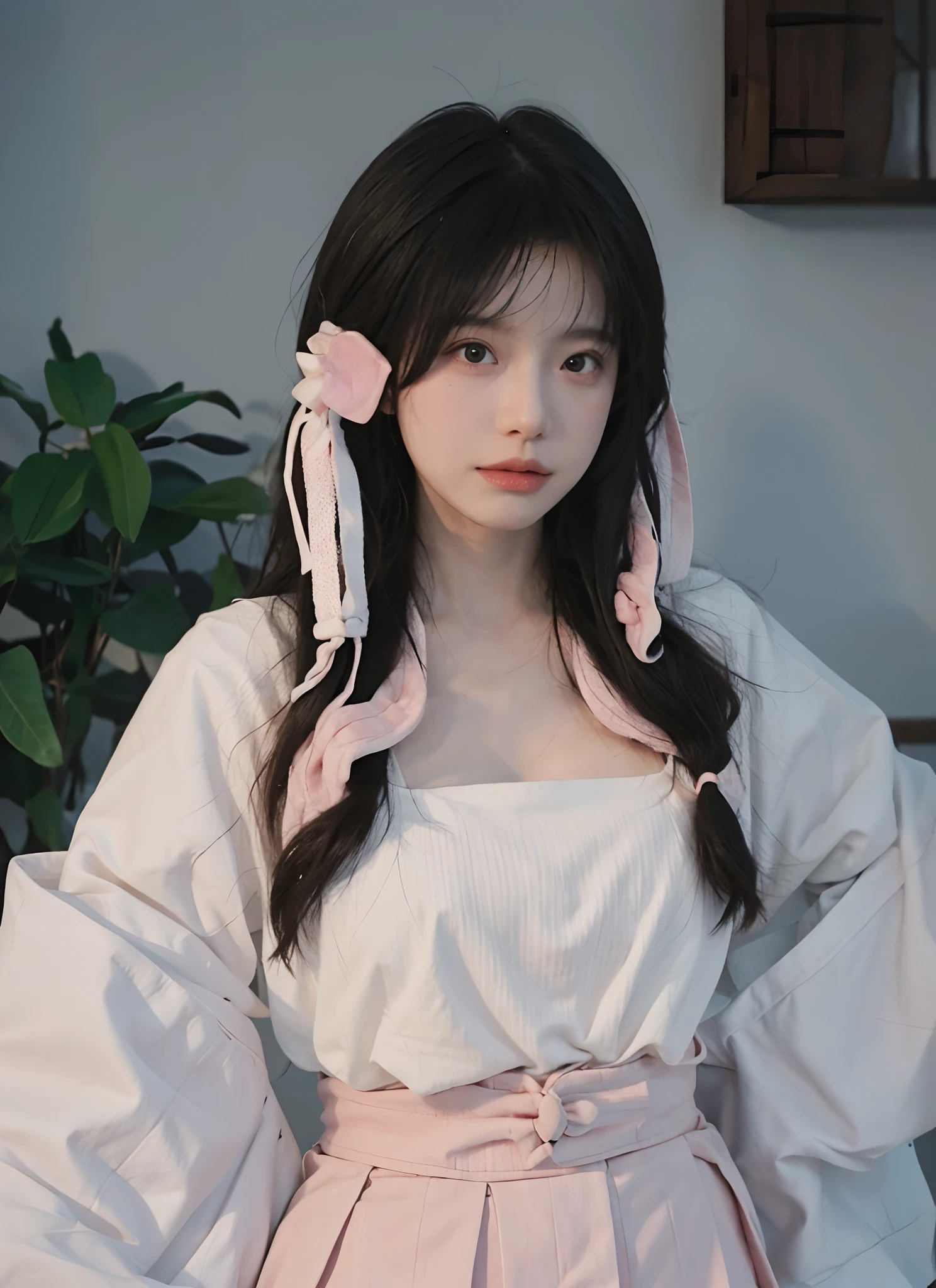 best qualtiy, 超高分辨率, (realisticlying:1.4), one-girl,Pink Long Hair, A pair of clear and moving eyes,Royal Sister,Snow-white school uniform, (big cleavage breasts:1.2), looking at viewert, closeup cleavage ,