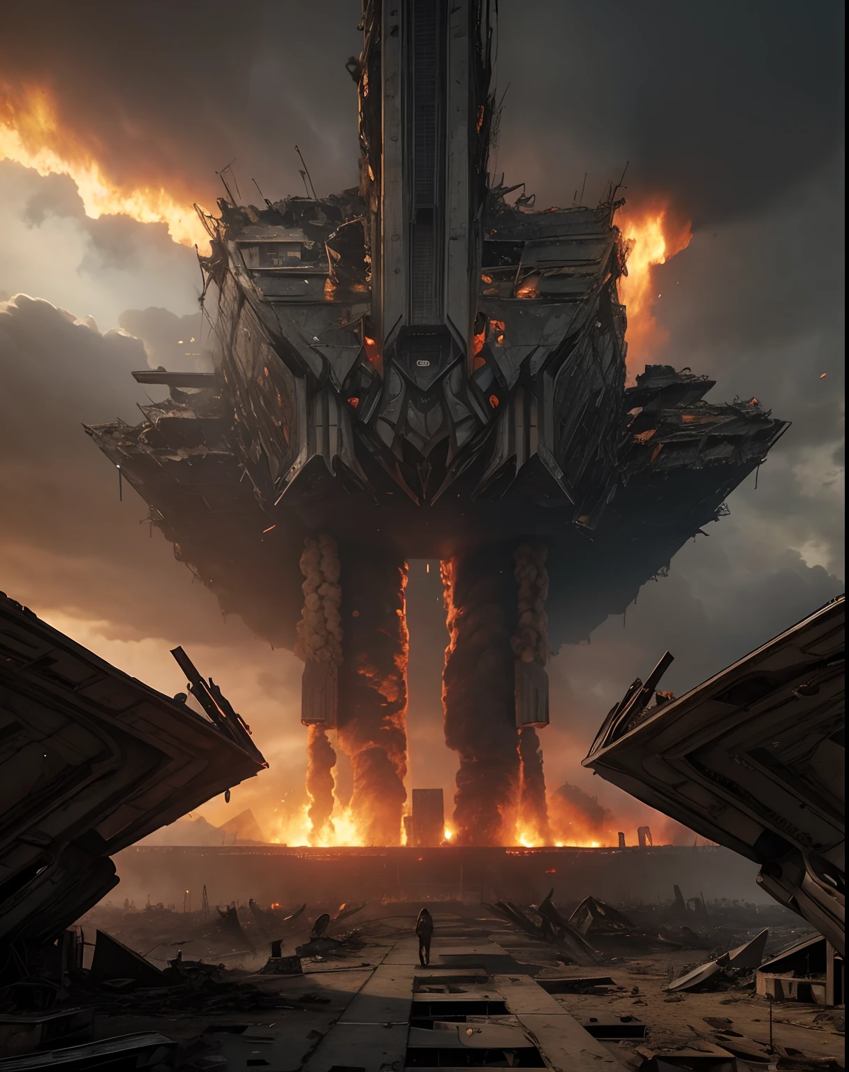 a ruined futuristic metropolis with collapsed buildings and fires while enemy bombers fly overhead, realistic, 4k, chaotic, apocalyptic