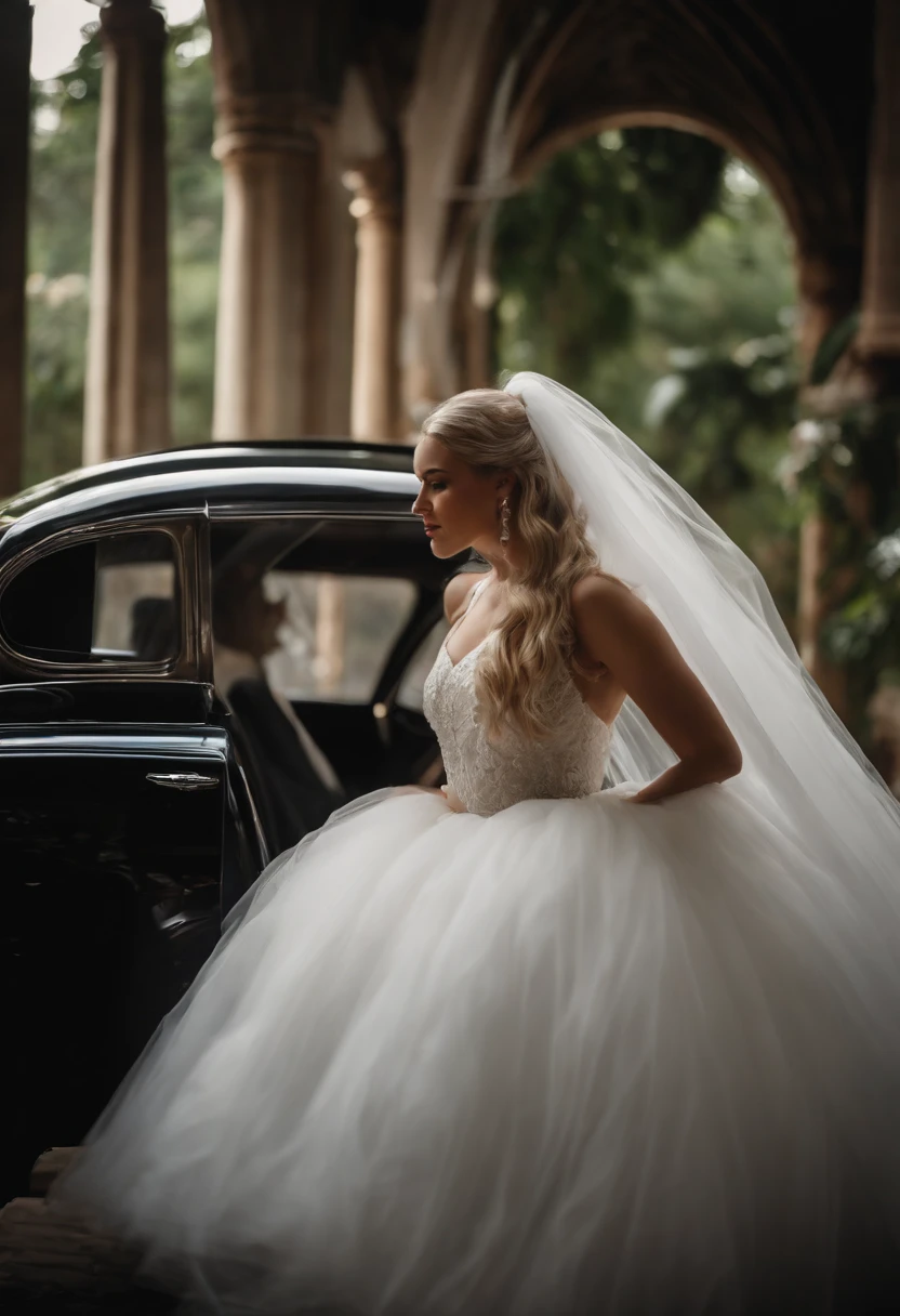Un animal gorilla y una princesa rubia se casan,Con un traje blanco y un vestido de novia blanco,Carro blanco,Magical dream,